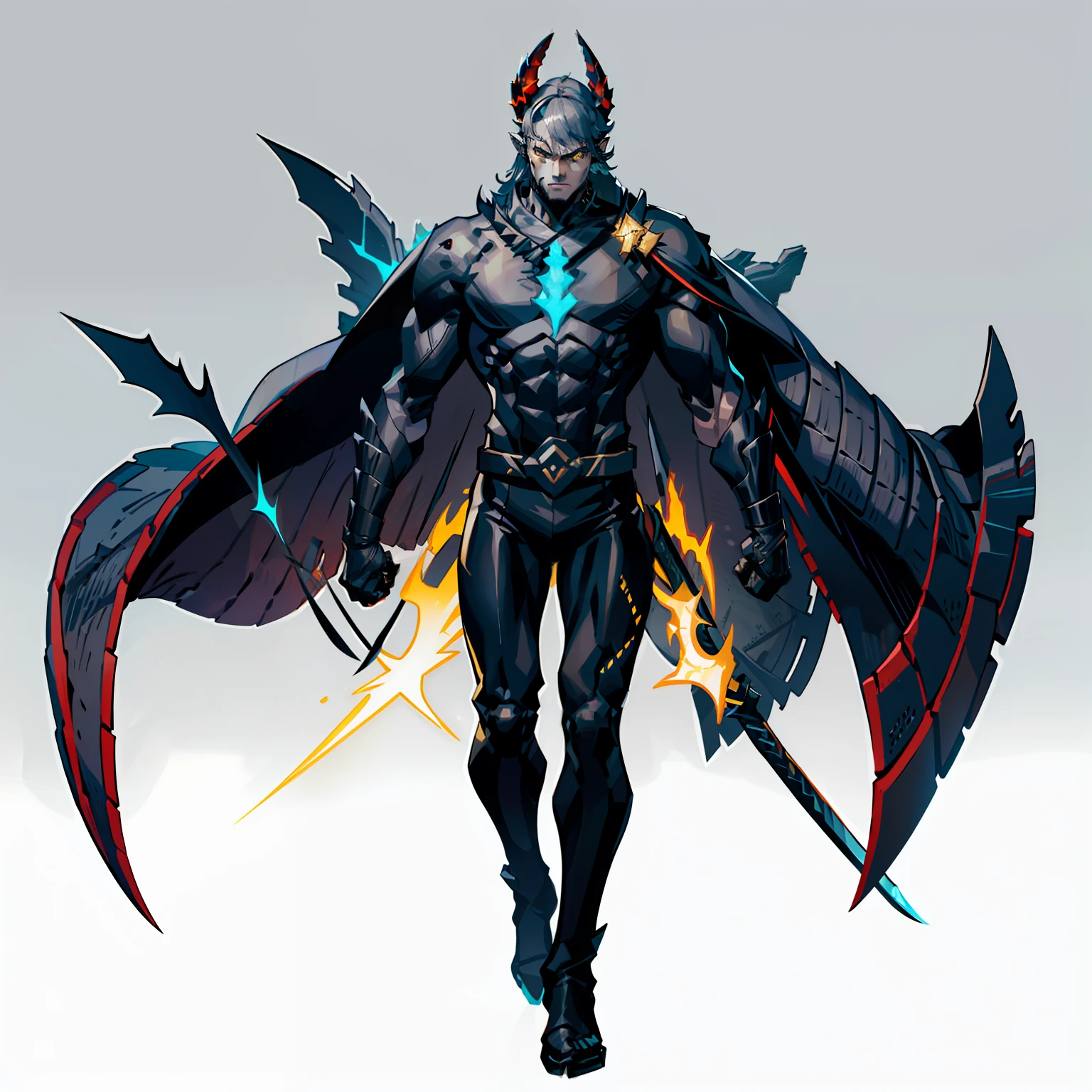 Black, ember, ???, Full body shot, No background, White background, Black skin, Steel-like body, Yellow eyes, Cool, Two horns, hero, skinny, One Person, Upright, Long Japan Sword, Wide Shot,