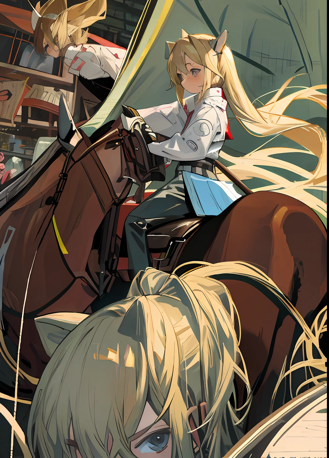 tmasterpiece,(ultra - detailed),Blonde hair eyes,British style,modern day,horseback riding,Little Shota,Tsundere