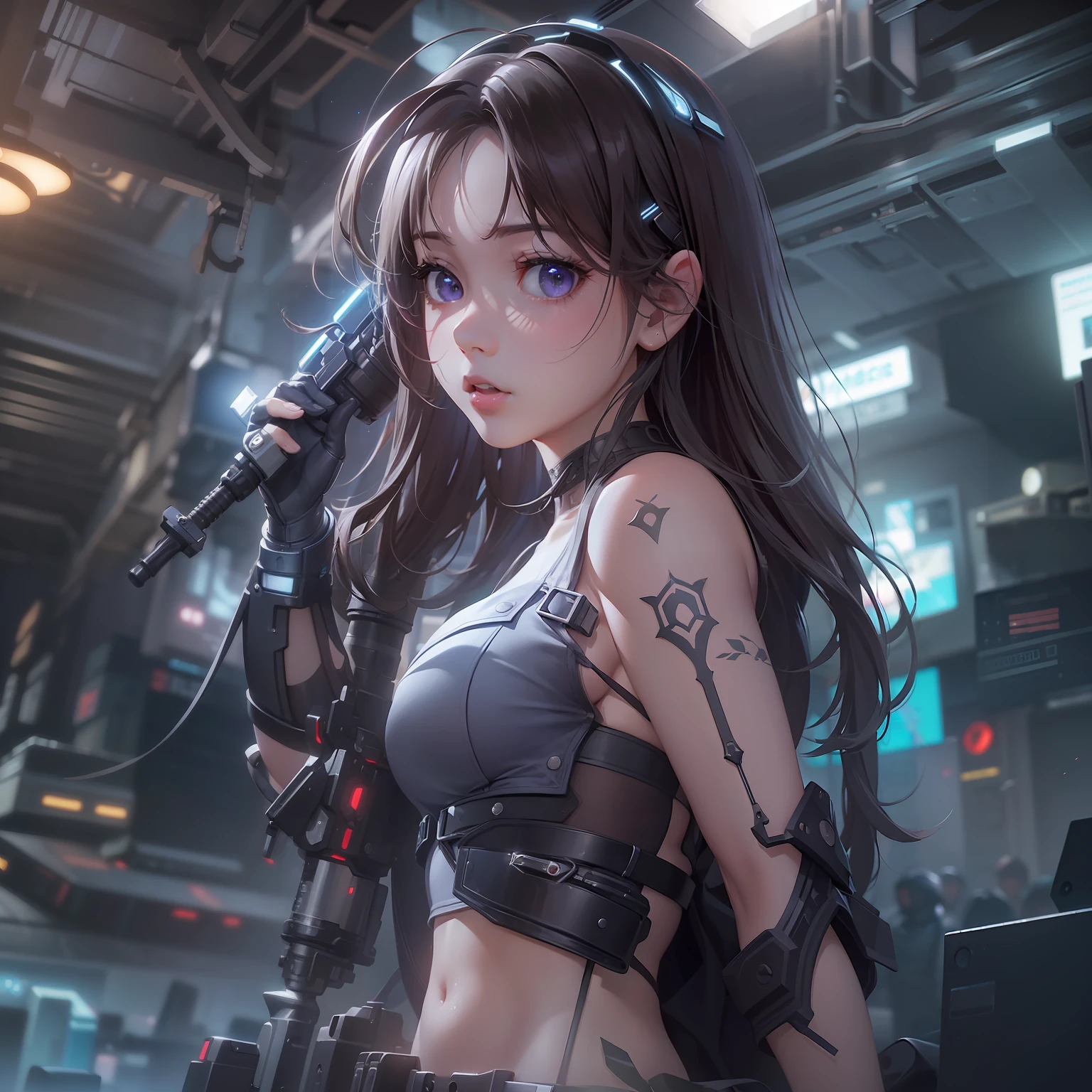 (((masterpiece)))、(((top-quality)))、((ultra-definition))、(High Definition CG Illustration)、((extremely delicate and beautiful))、Cinematic Light、cyberpunked、2080s、animesque、girl with、trending on artstationh、Rachel Walker、