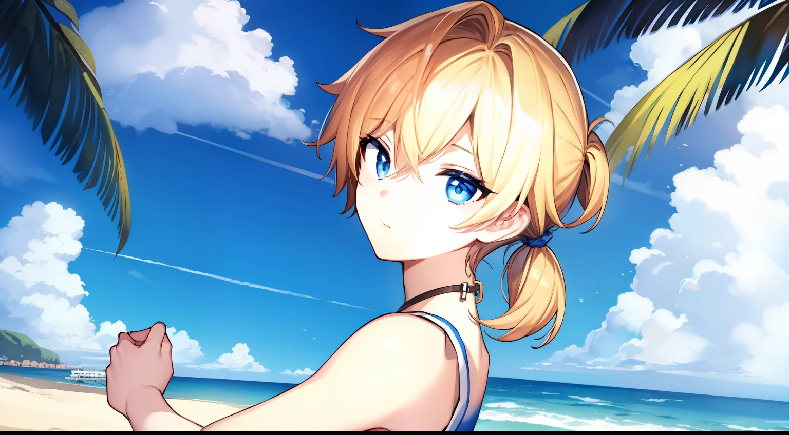 1boy，Golden hair，pony tails，blue color eyes，beachside，swim wears，no bra