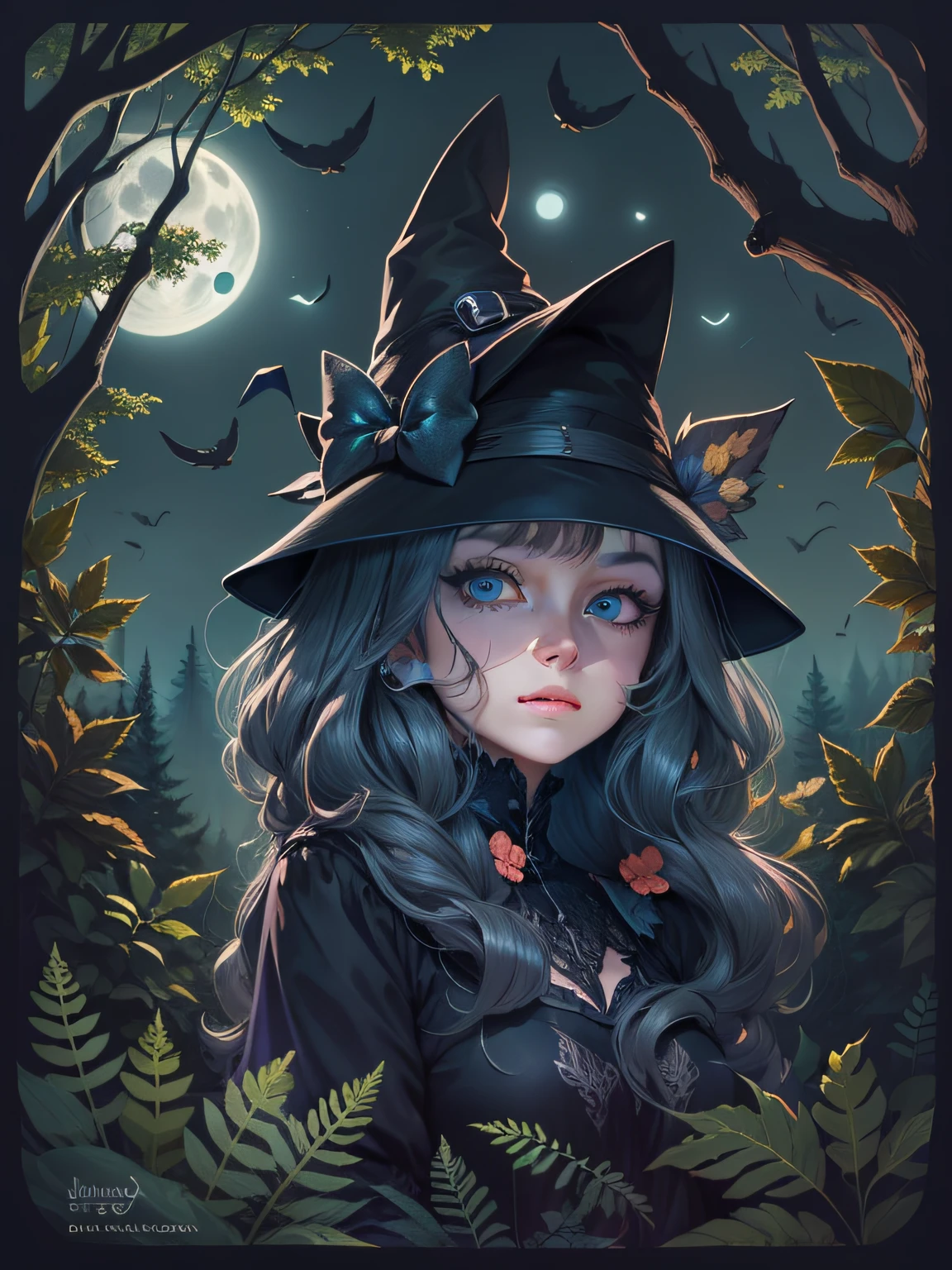 A cute black cat sticker, blue eyes, a cute witch, a full moon, a deep forest, and a mysterious image. It's night but it's bright