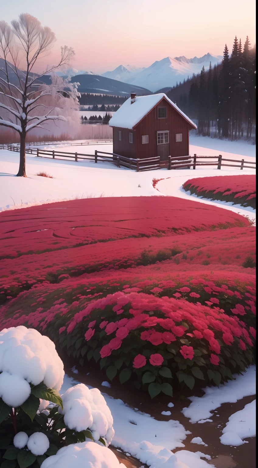 Um campo de rosas vermelhas, frio, geada, neve, Canada, estilo anime,