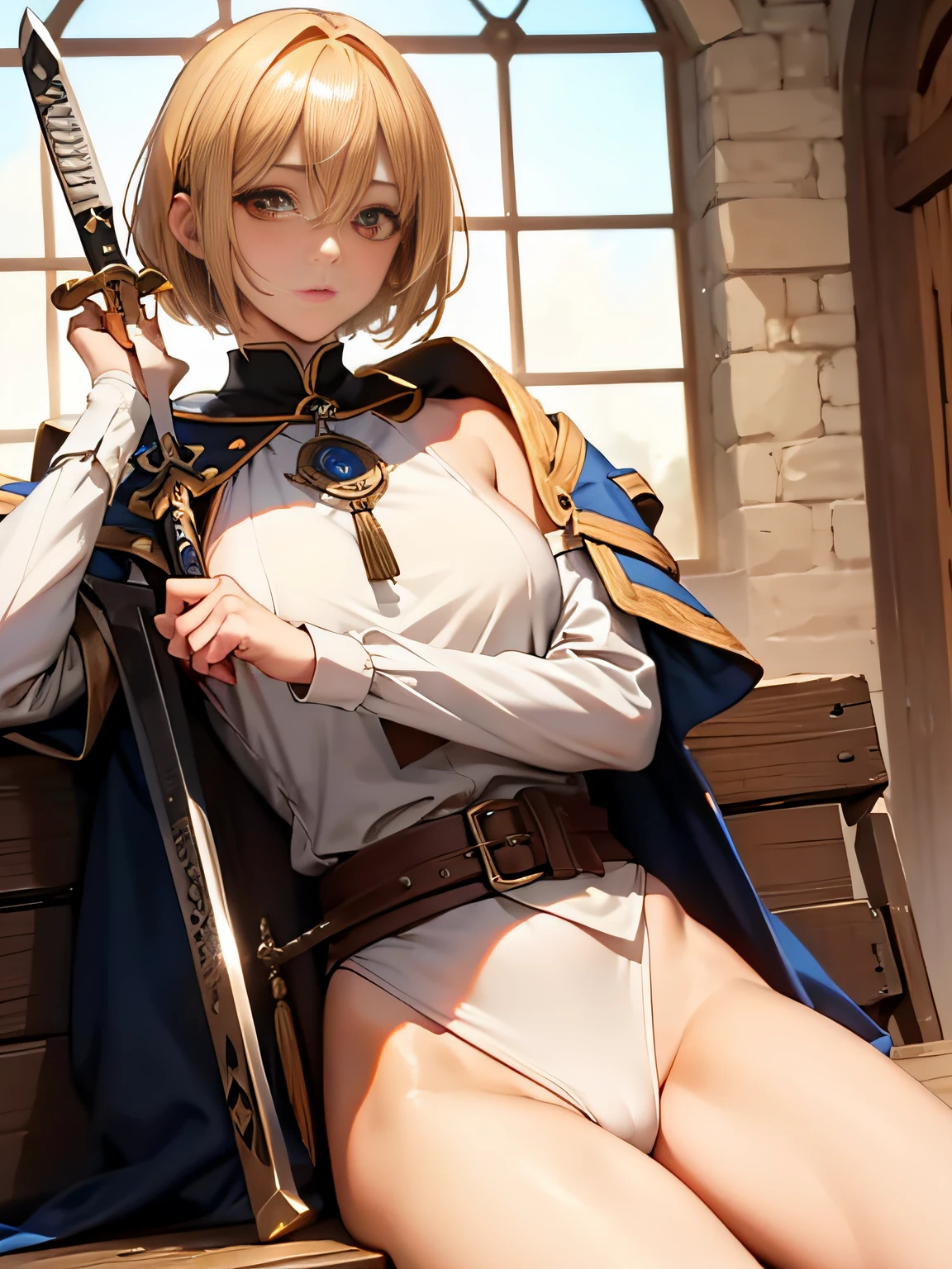 ,Perfect ,don quixote \(limbus company\, Naked、Blonde hair, Short hair, hair between eye, Orange Eyes, She straddles the bayonet、(Musketeers in medieval Europe )､hiqcgbody