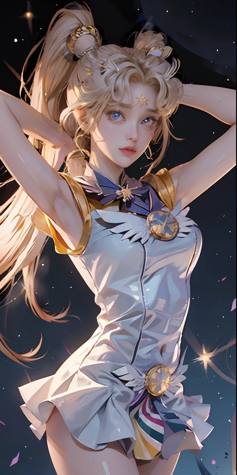 ((Masterpiece)), (Best Quality), (Super Detail), ((Very Detailed)), 4K, (8K), Sailor Moon, Long Blonde, Double Ponytail, Aesthetic sailor moon, core of dreams, coated school shirt, yellow dress, big breasts, super big breasts, pretty face