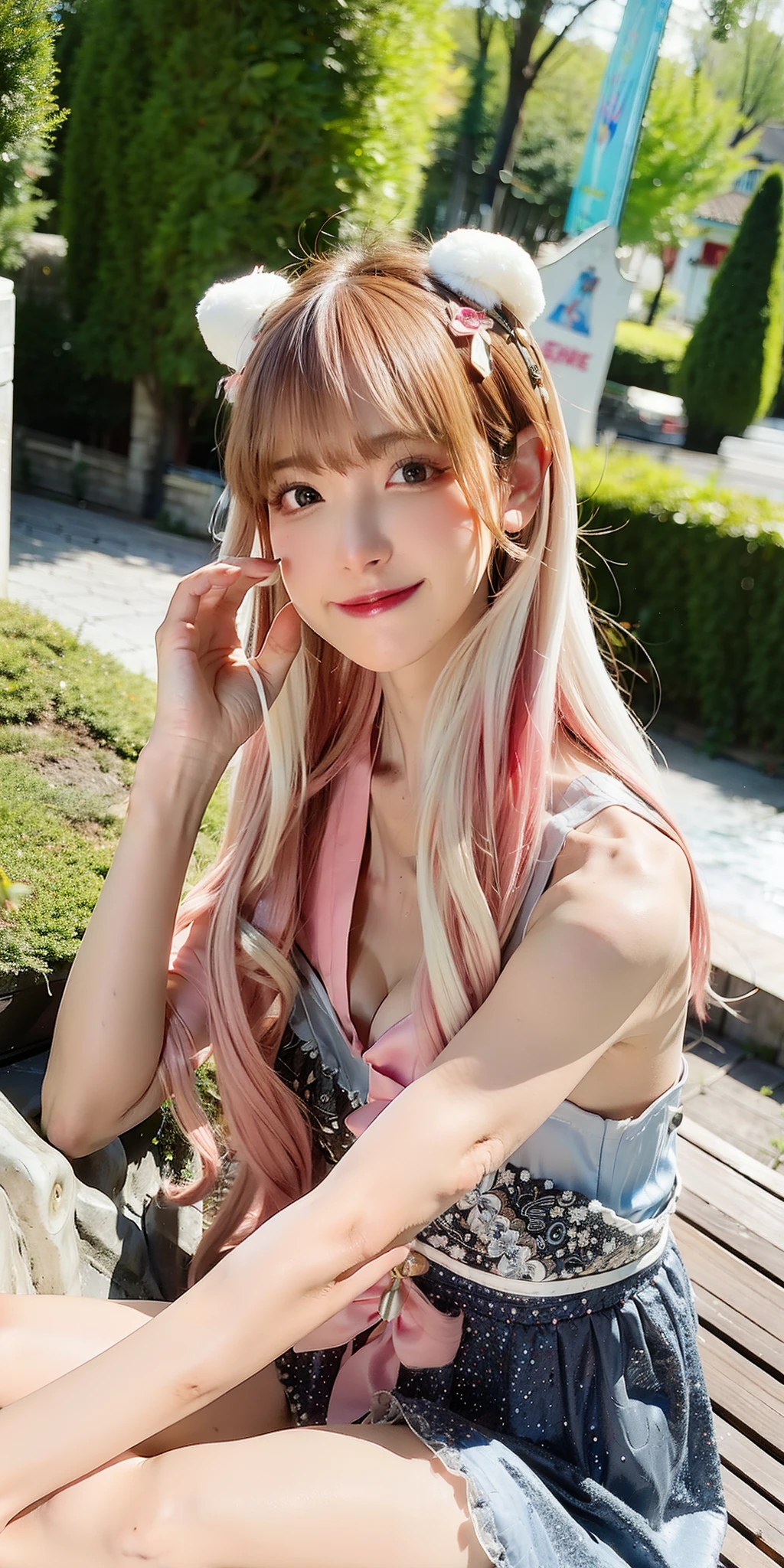 (8K, 4K, Best Quality, hight resolution:1.2), (maasterpiece, Realistic, photographrealistic:1.37), 1girl in, Solo, Beautiful face, Eyelashes, Nose, Glossy lips, (Detailed eyes, Looking at Viewer, Fair skin, White skin:1.5), fine complexion, Upper body,
Large breasts, busty, , (:1.5),
outdoor bath,
two side up, absurdly long hair, Blonde hair, Pink hair, Bangs, Hair Ornament, Bow,
Younger, aged down,