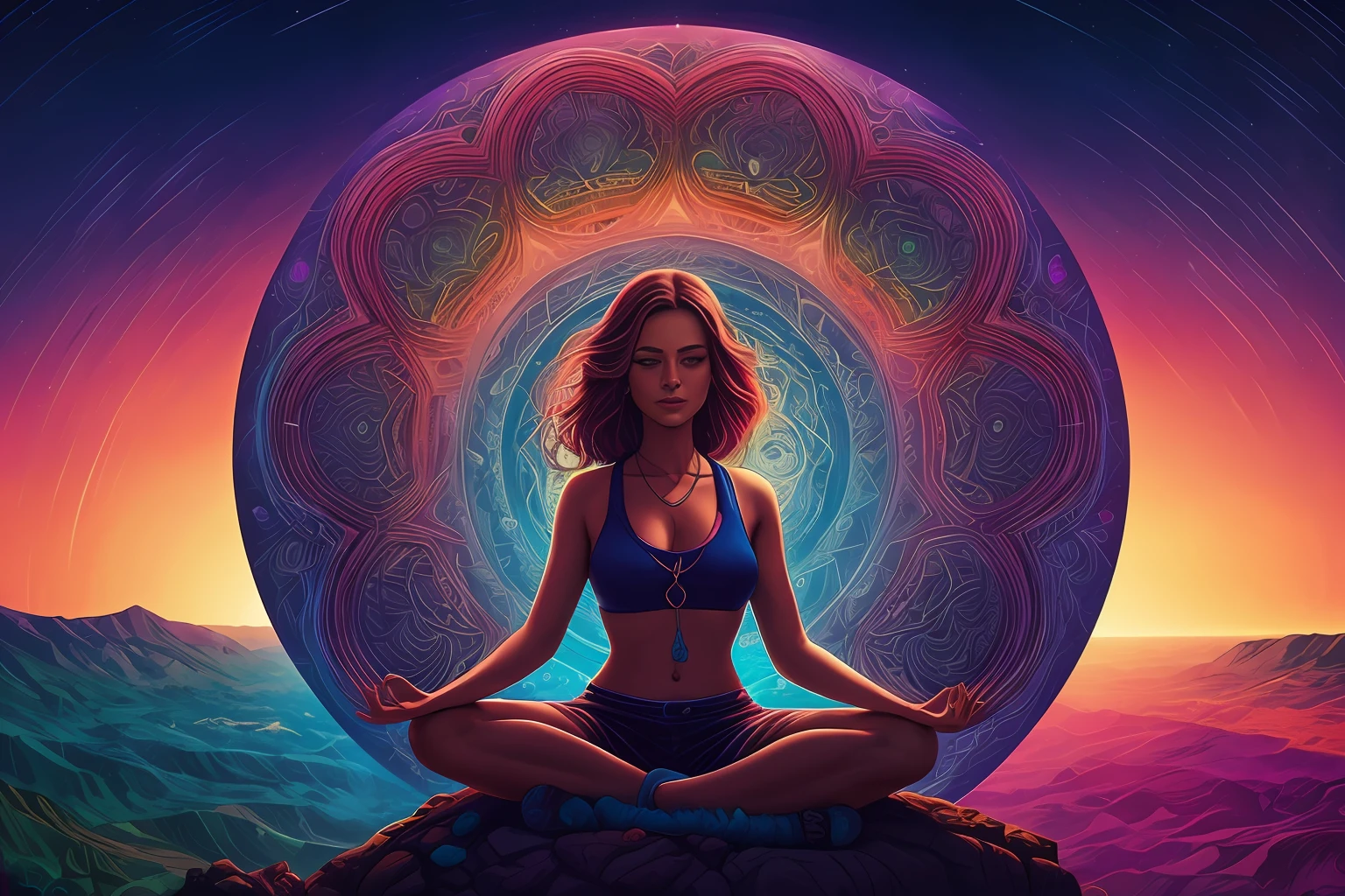 woman over 22 years of age looking at zenith, Meditating, Arms spread wide, Cinematic, 4K ultra-high, Beautiful face, ((full bodyesbian)), Detailed, perfectfingers, Beautiful woman: 1.3, beautiful  face，Good clarity, Saturated colors, psychedelic image, LSD, mandalas, fractalized, 3d depth, Dan Mumford and Alex Gray style, sunset psychedelic, kilian eng vibrant colours, psychedelic landscape, kilian eng vibrant colours, dan mumford and albert bierstadt, Official artwork, in the style dan mumford artwork, dan mumford paint, jen bartel, Psychedelic art style, mythical floral hills