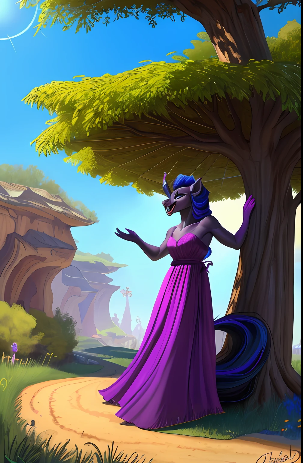 (melhor qualidade, obra-prima), sombra da tempestade, (chifre quebrado), female pony antro, Black and flowing blue sun dress, cabelo bonito estilizado, sentado, feliz, olhando para o espectador, ao ar livre, under a tree, cum coming from her mouth