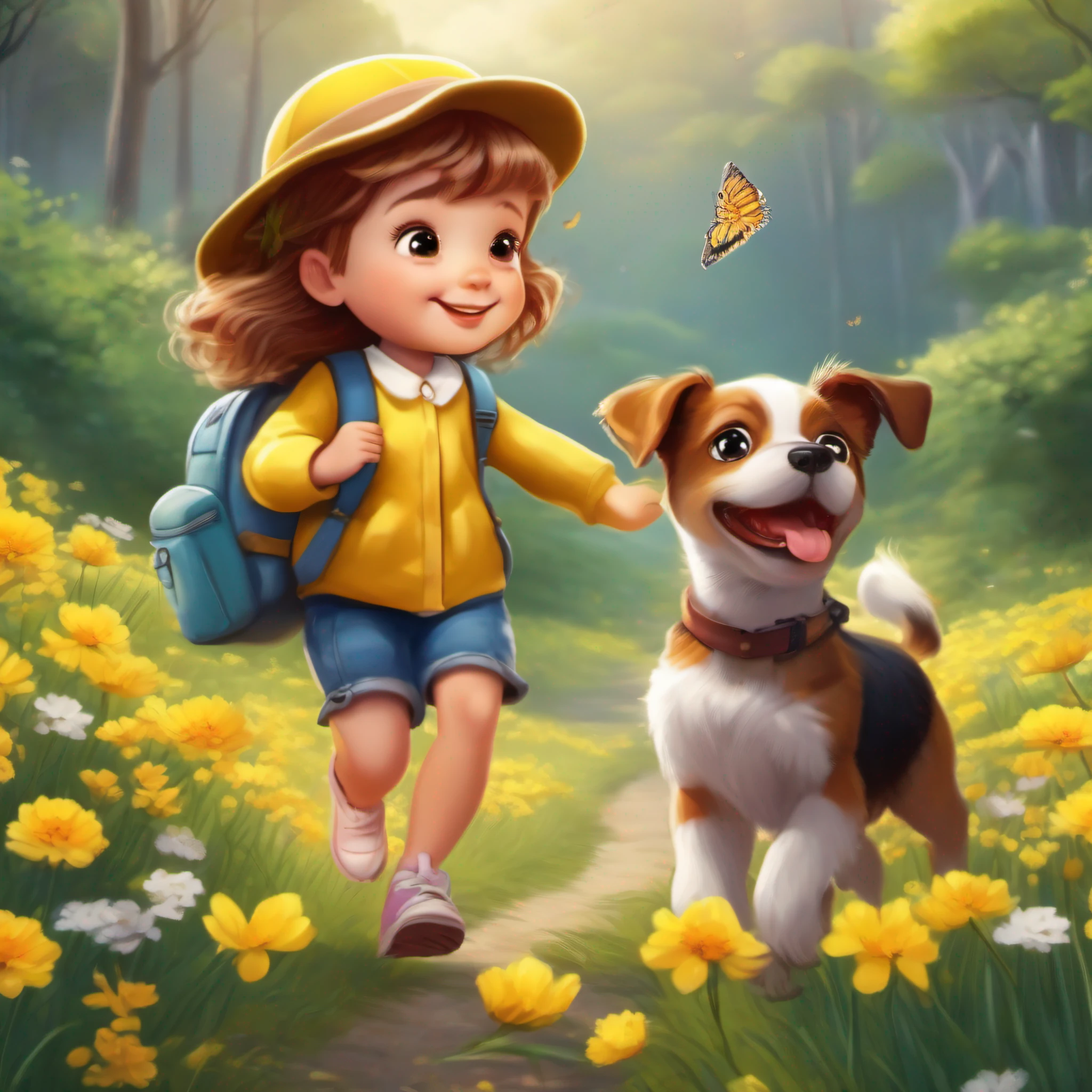 An incredibly charming little girl carrying a backpack, accompanied by her adorable little dog, enjoying a beautiful spring walk surrounded by beautiful yellow flowers and natural scenery. The illustration is in high definition in 4k resolution, with highly detailed facial features and cartoon-style visuals, (Butterfly Dance)