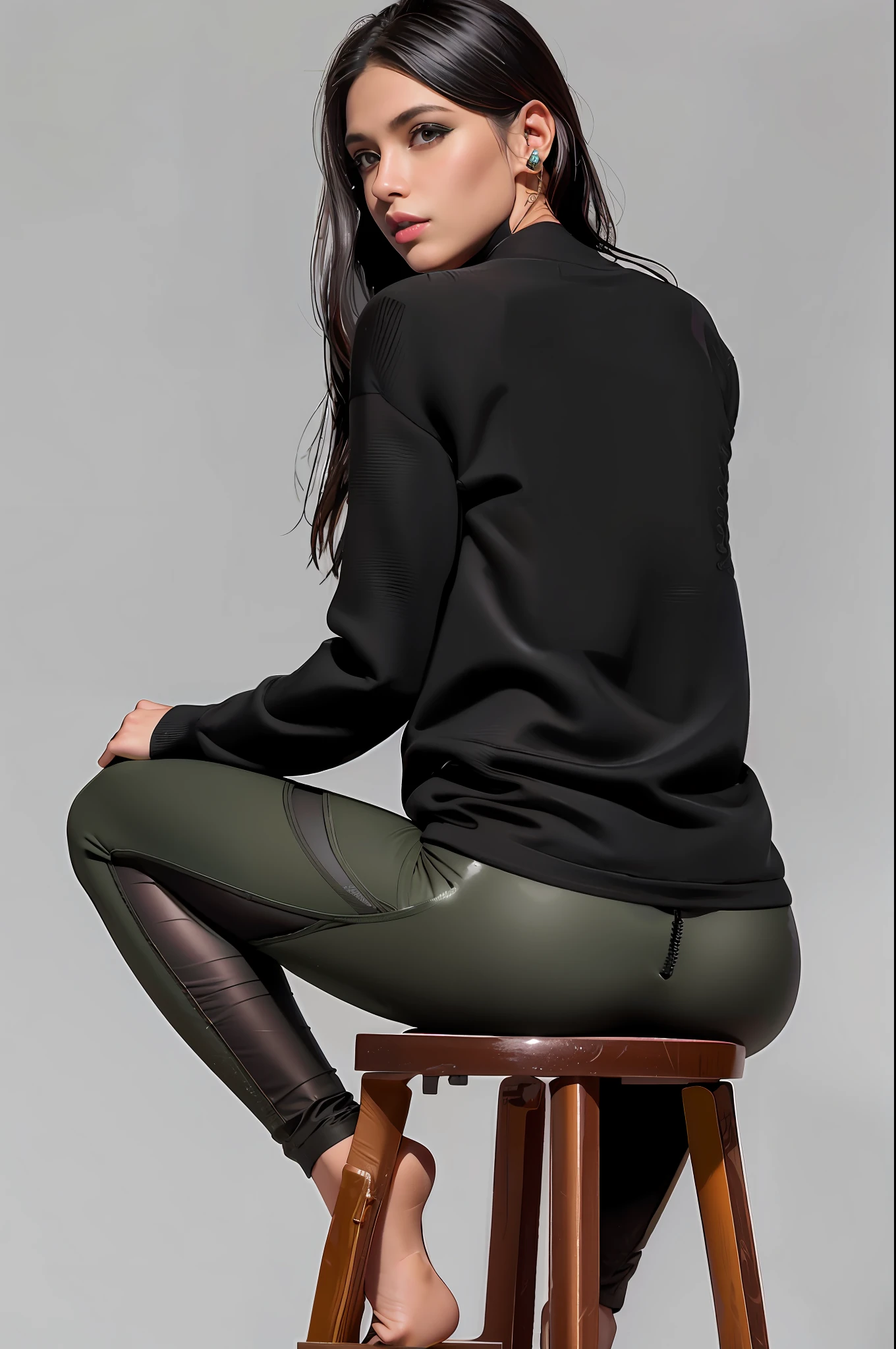 Mulher sentada em um banquinho usando um top preto e Leggings verdes, usando roupas pretas apertadas, Leggings pretas, Leggings Pretas, voltar - ver, roupas esportivas, Leggings, back pose, roupas esportivas, verde escuro, roupas casuais, black sweater, Fotografia de uma mulher techwear, spandex preto, Jet Black Leggings, 2 Modelo feminina de 4 anos