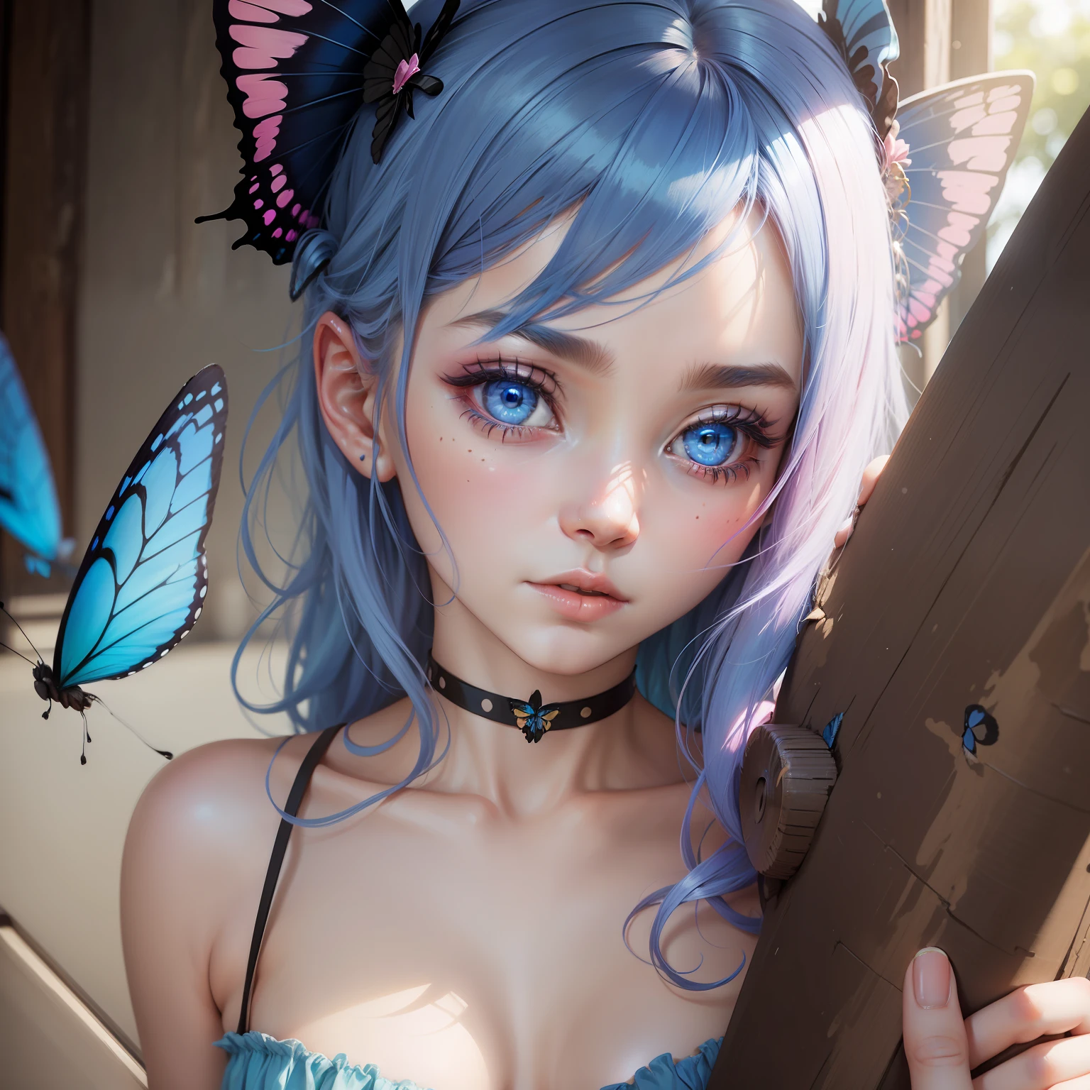 a girl, blue butterfly, blue hair, pink eyes