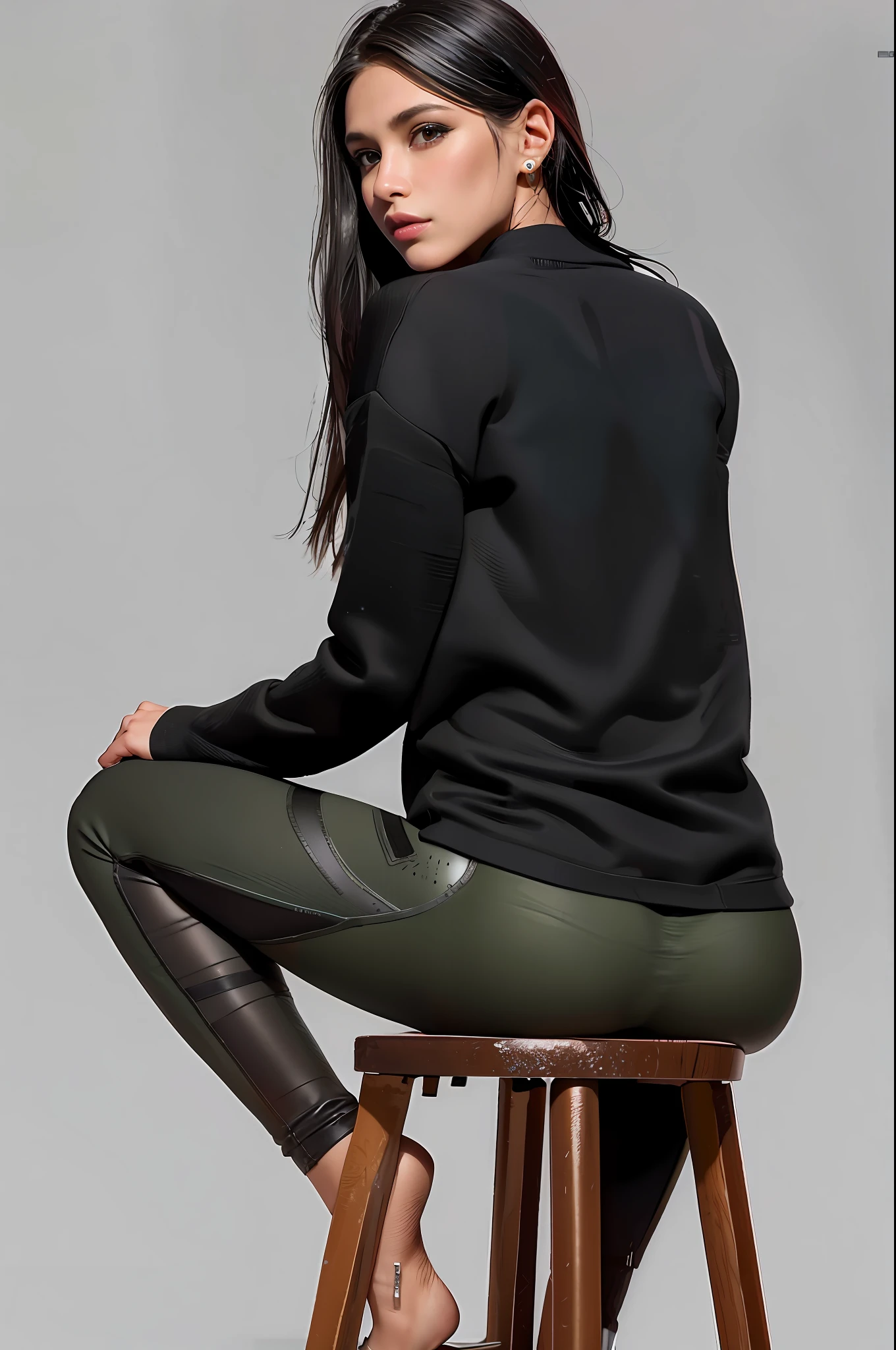 Mulher sentada em um banquinho usando um top preto e Leggings verdes, usando roupas pretas apertadas, Leggings pretas, Leggings Pretas, voltar - ver, roupas esportivas, Leggings, back pose, roupas esportivas, verde escuro, roupas casuais, black sweater, Fotografia de uma mulher techwear, spandex preto, Jet Black Leggings, 2 Modelo feminina de 4 anos