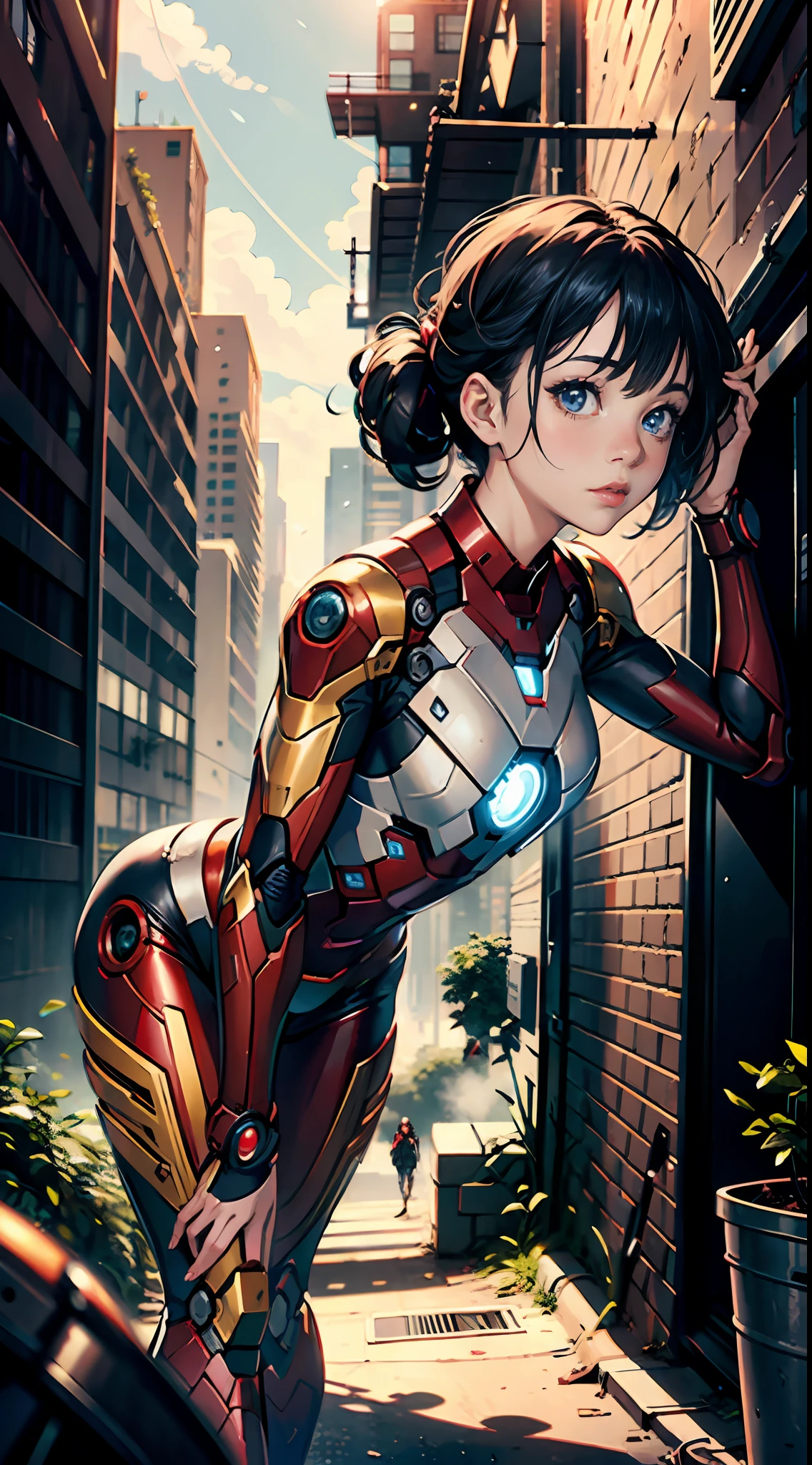 (1girl:1.3), solo,__body-parts__, official art, unity 8k wallpaper, ultra detailed, beautiful and aesthetic, beautiful, masterpiece, best quality, RAW, masterpiece, super fine photo,, best quality, super high Resolution, photorealistic, sunlight, full body portrait, stunningly beautiful,, dynamic pose, delicate face, vibrant eyes, (side view), she is wearing a futuristic Iron Man mech, red and gold, Highly detailed abandoned warehouse background, detailed face, detailed complex busy background, messy, gorgeous, milky, high detailed skin, realistic skin details, visible pores, sharp focus, volumetric fog, 8k uhd, dslr camera, High quality, film grain, fair skin, photorealism, lomography, sprawling metropolis in a futuristic dystopia, view from below, translucent