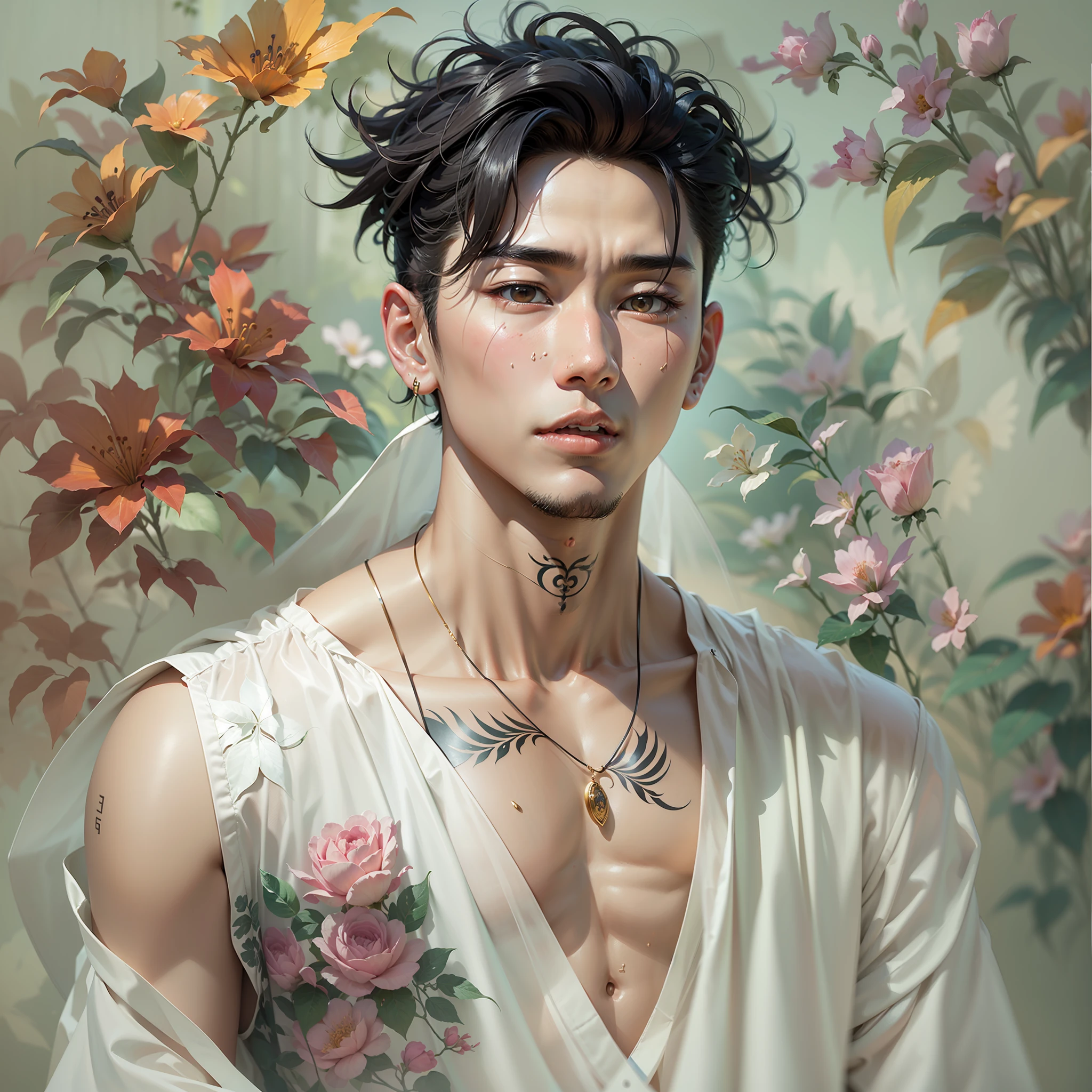 There was a handsome man，He has a tattoo on his arm，Wear a white vest。His name is Ruan Jian、Cai Xukun，It seems to be a jewel in Stanley Lau's art，Like Steve Cheng、Bian Luan is just as charming。This is a medium-sized portrait，inspired by Huang Gongwang、Chen Longque and Ren Hang's style，It also has the artistic qualities of Damian Chan。He is an Asian male，This image is album art。