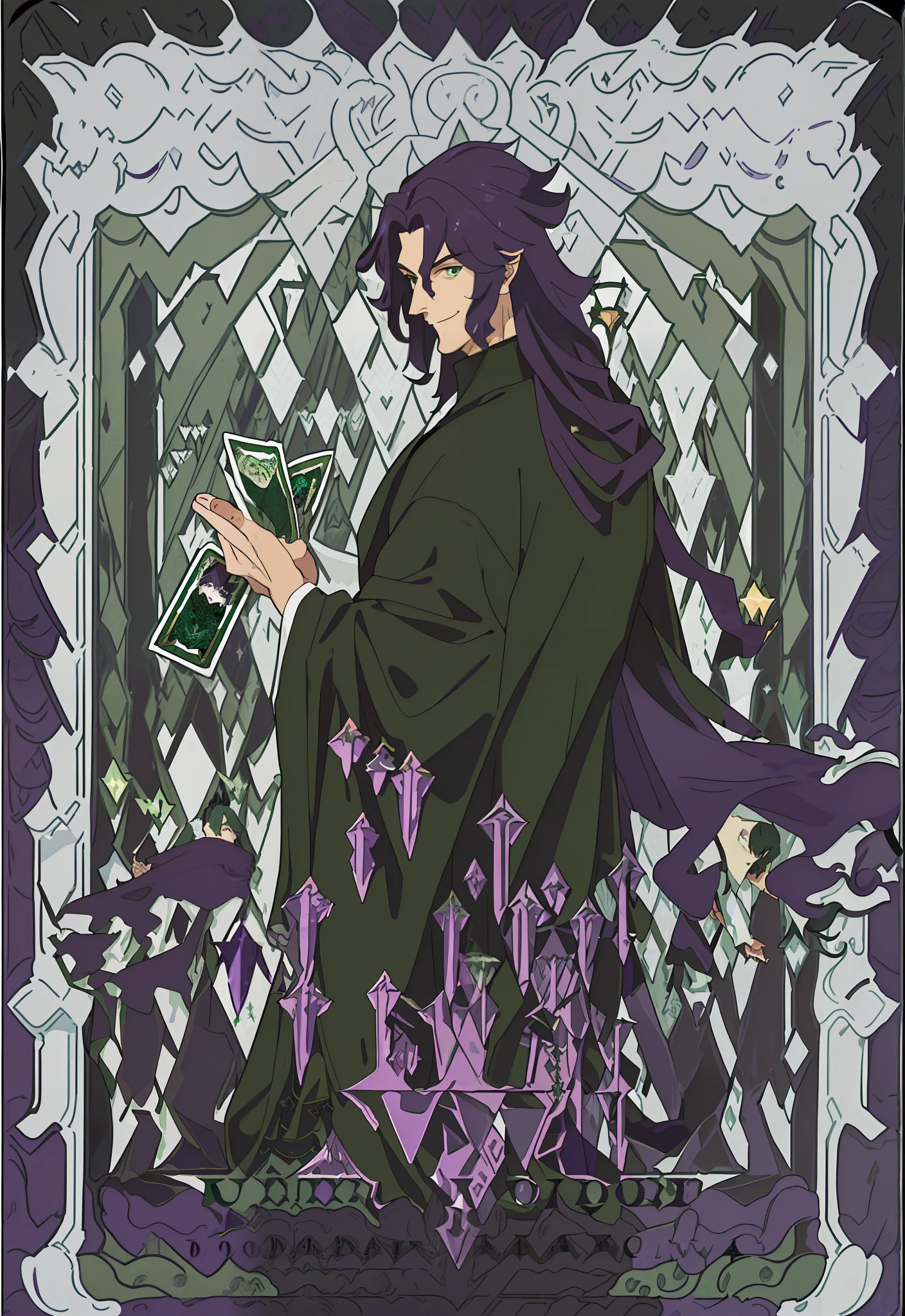((A middle-aged handsome man),black cloaths,(Dark purple hair+Big back+Green eyes:1.3),Sense of middle age,(A decadent smile),A sense of mystery),(Hand forward,+Middle aged),(White mist,Purple Hermit Tarot cards,Fusion of the Dragon King Ninja Goto art style),(One guy,Uncle sense)