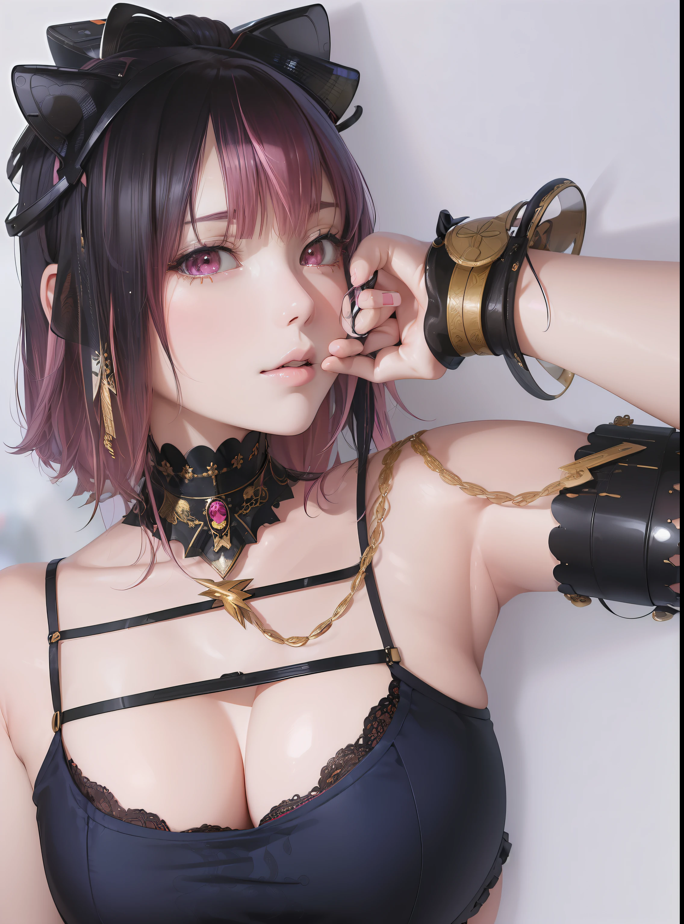 (masutepiece, of the highest quality, Best Quality, Official art, Beautiful and aesthetic:1.2), (1 girl), ighly detailed,  Colorful, highest details, (Large breasts:1.2,), from the front side, Solo, 1girl in, Lightning Fallon, deadpan, Looking at Viewer, armor, Pink lips, Pink hair