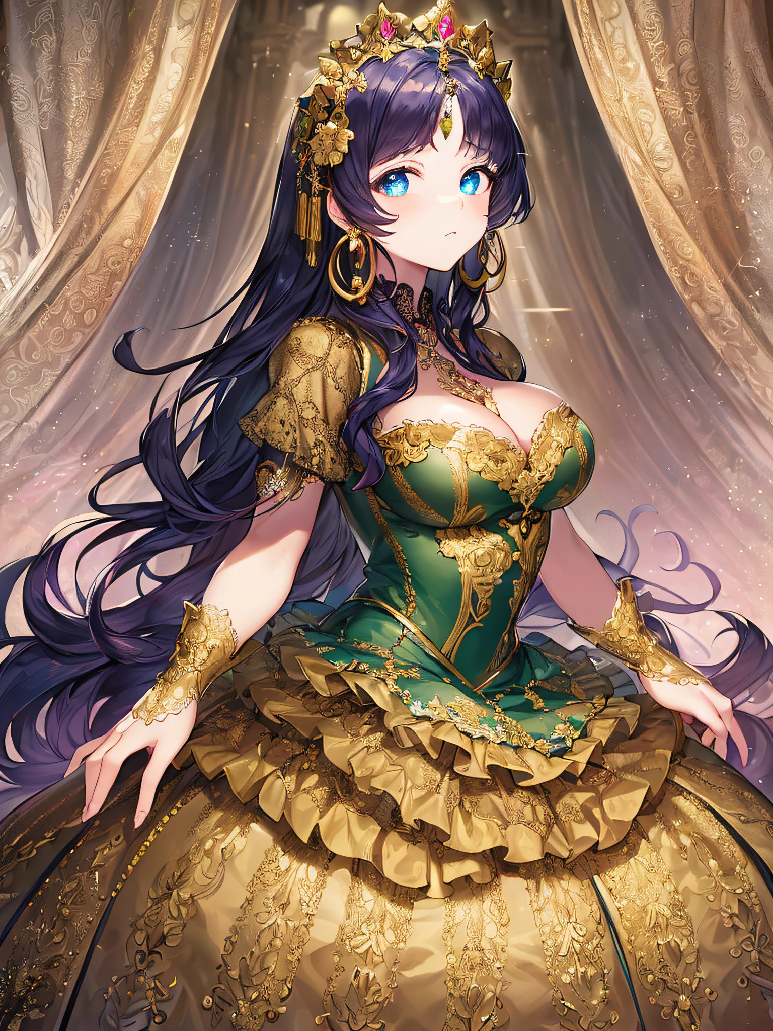 ((anime artstyle)),(Masterpiece),(Best Quality), (Super Detail),((Very Delicate and Beautiful)),((Solo)),((full body)),((1 princess in gorgeousfull rococo dress)),detailed face and eyes,jewel-like eyes,((voluminous Very Long Straight Hair)),((gigantic breasts,Long breasts)),skindentation,((gorgeousfull embroidery and lace)),gorgeous corsage,See-through,gorgeousfull hair ornament,gorgeousfull glitter jeweled tiara,ornate ruffles,((full body)),((hoop skirt,crinoline)),Dynamic Angle,Looking at viewer,(((gorgeous embroidery gorgeousfull rococo dress)),full body