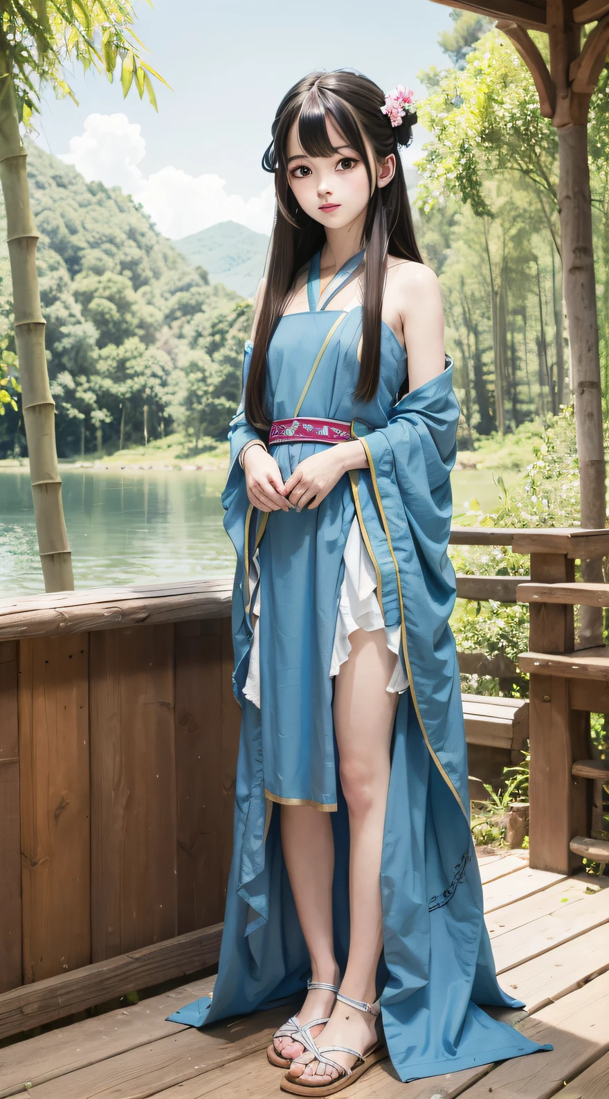 Masterpiece, Best Quality, Official Art, 8k Wallpaper, Very Detailed, Illustration, 1 Girl, Sky Blue Hair, Long Hair, Detailed Eyes, Forrest Gump, Bare Shoulders, Hanfu, Lake, Pure, Soft Smile, bamboo, tea