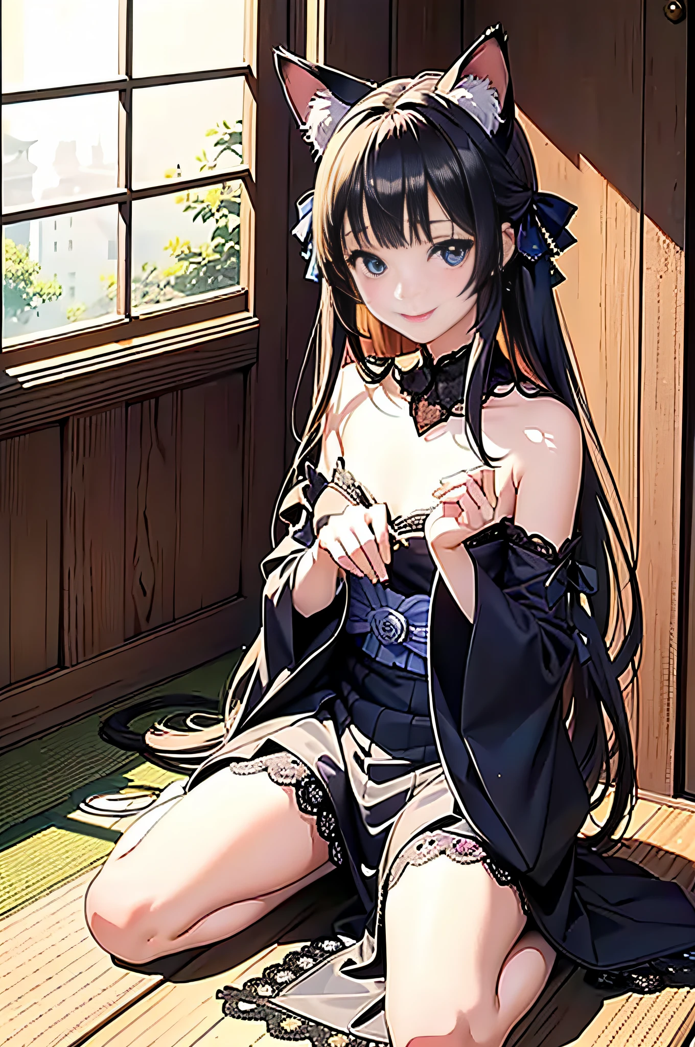((Masterpiece)),[illustration:1.2],(Anime),(Shy smile:1.1),eBlue eyes，Lifelike reflections,(Cat ears:1.1),(ta style clothing:1.1),(Graceful posture:1.1),(Soft lace trim:1.1),(Sparkling droplets:1.2),(The innocence of the captives:1.1),(Japanese-style room atmosphere:1.1),tatami mats,(Slide the shoji door:1.1),