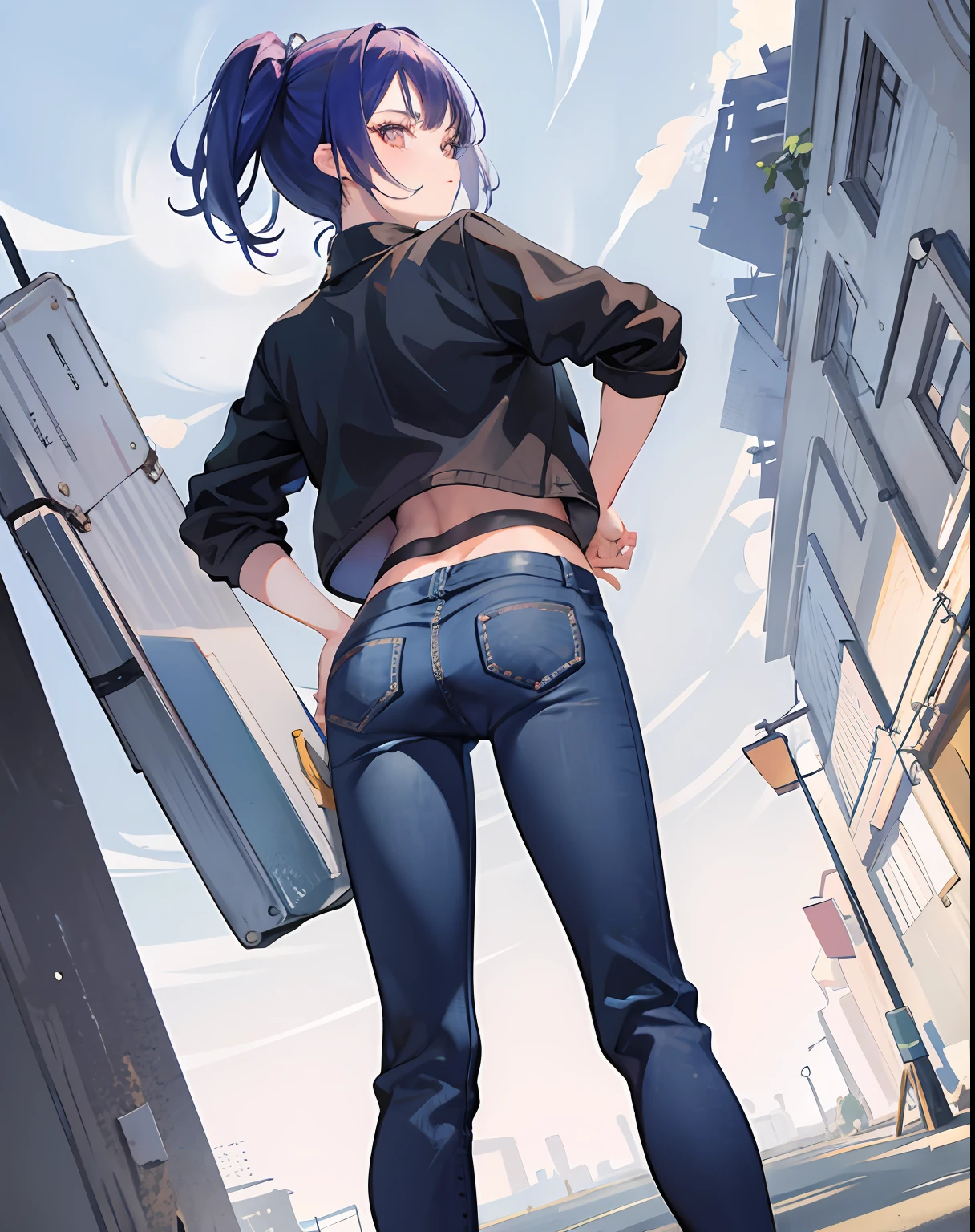 masterpiece,absurderes,1little girl,jeans,from the rear,