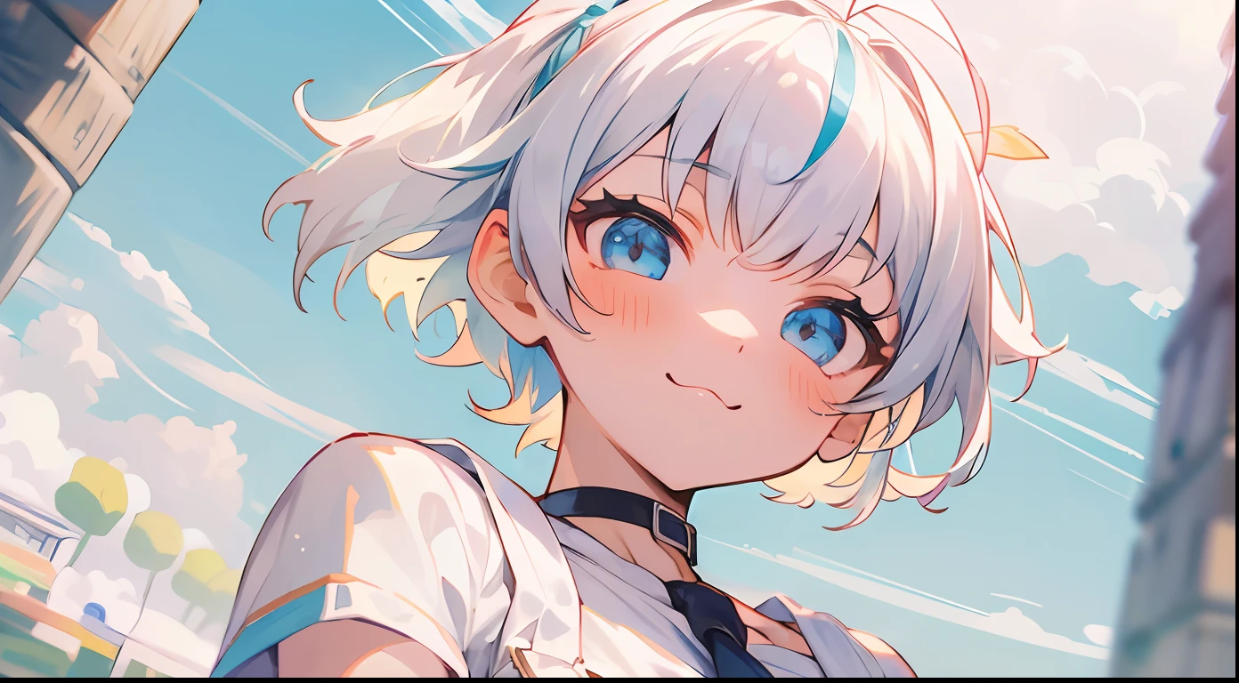 ((4K, masutepiece, absurderes, hight resolution, Best Quality, ultra-detailliert)), 1girl in, white short hair, Two-tone hair, Pony tail, Forehead, bangs pinned back, Ahoge, Light blue eyes, Cute, blush, upward-eyed, Big eyes, tareme, Beach, Dress, cumulonimbus clouds