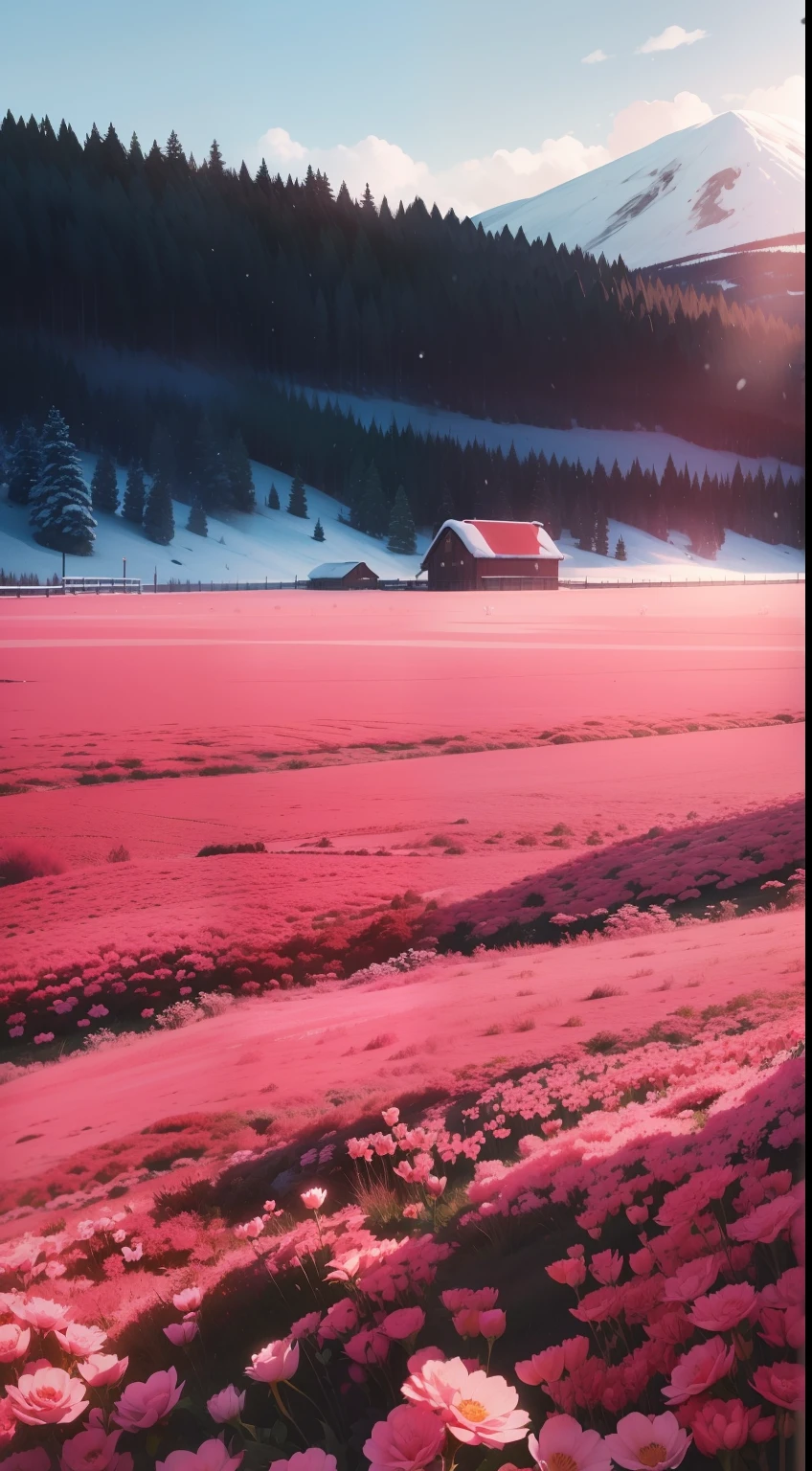 Um campo de rosas vermelhas, frio, geada, neve, Canada, estilo anime,