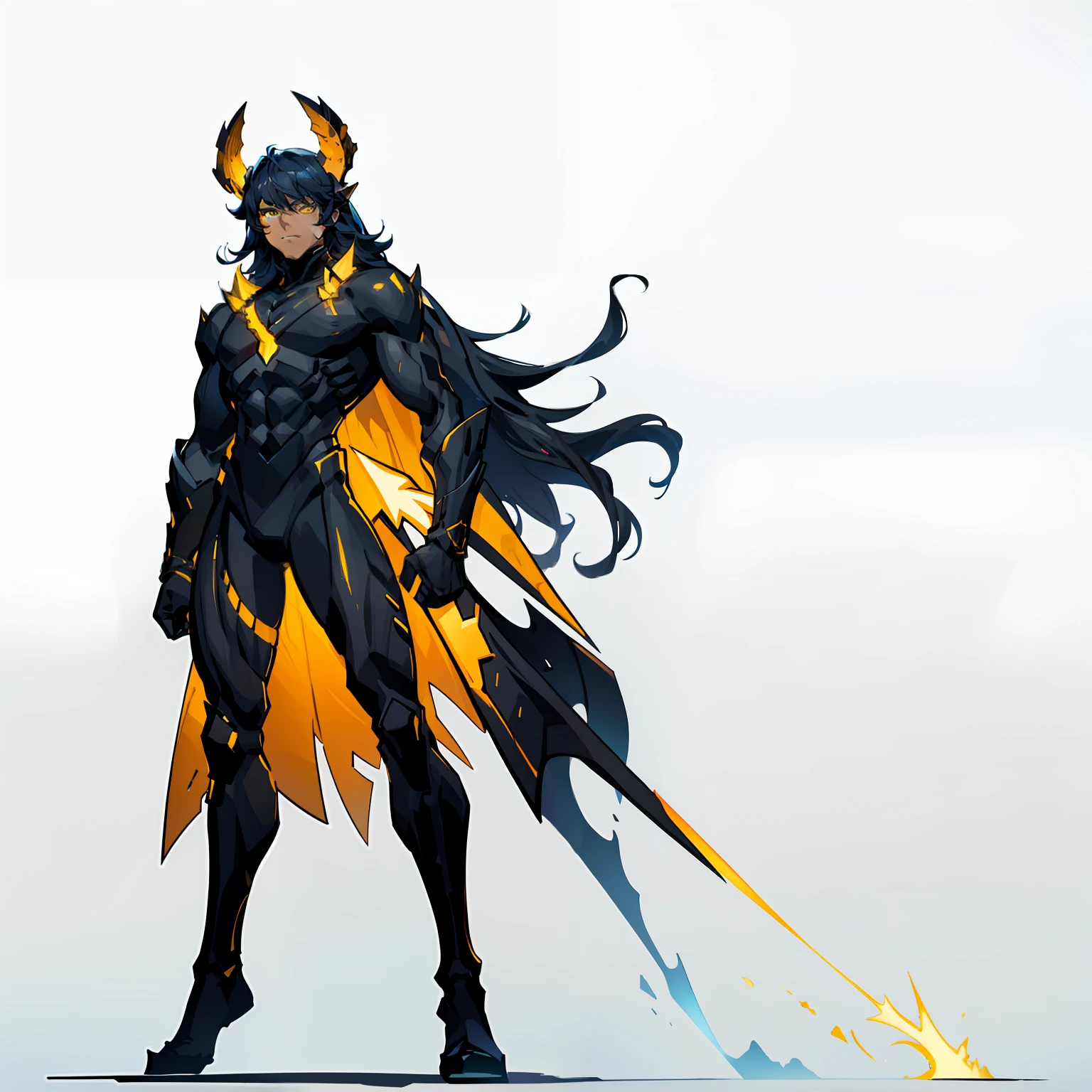 ember, kid, Full body shot, No background, White background, Black skin, Steel-like body, Yellow eyes, Cool, Two horns, hero, skinny, One Person, Upright, Wide Shot, long hair,