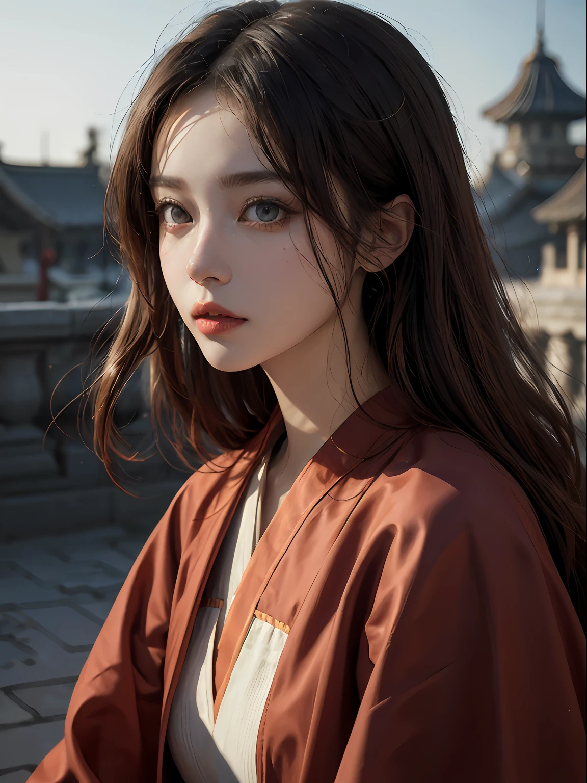 "((Pure+ultra-realistic realism)，Fair skin texture，Bright eyes)，lightand shade contrast，high textured，ultra HD picture quality，Side Body，tall nose bridge，dynamic angle，palaces，Light tracing，realisticlying，offcial art，Unity 8k壁纸，ultra - detailed，A beautiful masterpiece，best qualityer，Glowing skin，cinmatic lighting，red color Hanfu"