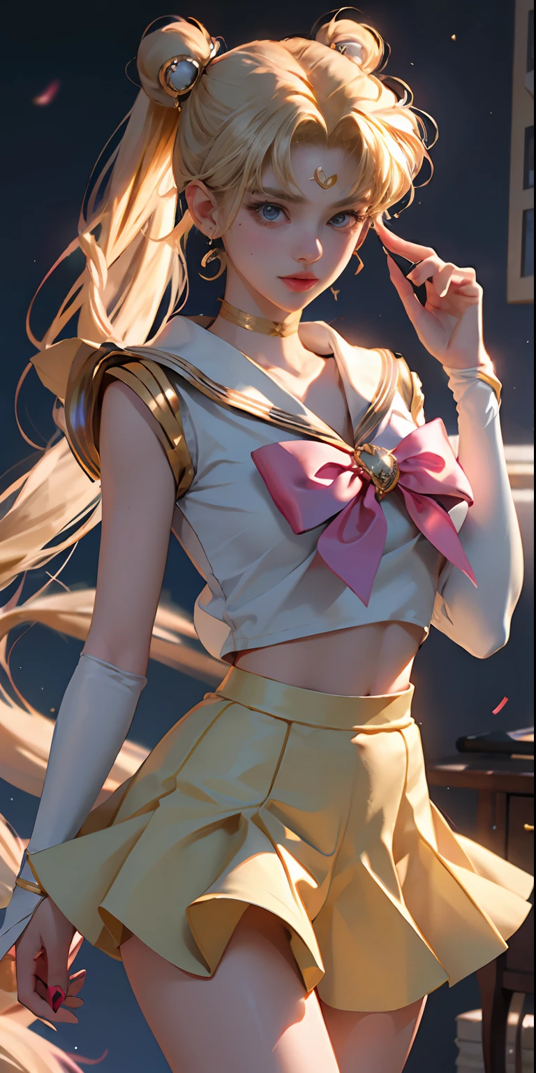 ((Masterpiece)), (Best Quality), (Super Detail), ((Very Detailed)), 4K, (8K), Sailor Moon, Long Blonde, Double Ponytail, Aesthetic sailor moon, Dream Core, coated school shirt, yellow skirt, big breasts