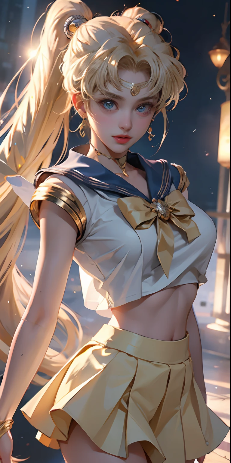 ((Masterpiece)), (Best Quality), (Super Detail), ((Very Detailed)), 4K, (8K), Sailor Moon, Long Blonde, Double Ponytail, Aesthetic sailor moon, Dream Core, coated school shirt, yellow skirt, big breasts