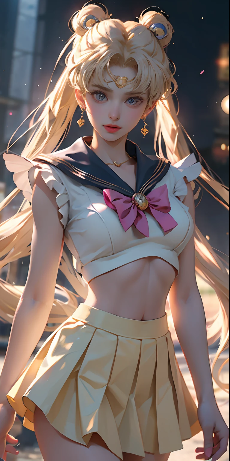 ((Masterpiece)), (Best Quality), (Super Detail), ((Very Detailed)), 4K, (8K), Sailor Moon, Long Blonde, Double Ponytail, Aesthetic sailor moon, Dream Core, coated school shirt, yellow skirt, big breasts