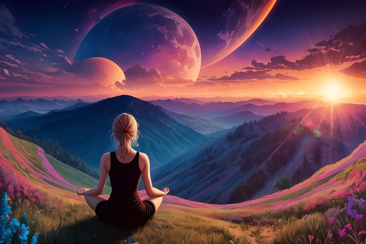 woman over 22 years of age looking at zenith, Meditating, Arms spread wide, Cinematic, 4K ultra-high, Beautiful face, ((full bodyesbian)), Detailed, perfectfingers, Beautiful woman: 1.3, beautiful  face，Good clarity, Saturated colors, psychedelic image, LSD, mandalas, fractalized, 3d depth, Dan Mumford and Alex Gray style, sunset psychedelic, kilian eng vibrant colours, psychedelic landscape, kilian eng vibrant colours, dan mumford and albert bierstadt, Official artwork, in the style dan mumford artwork, dan mumford paint, jen bartel, Psychedelic art style, mythical floral hills