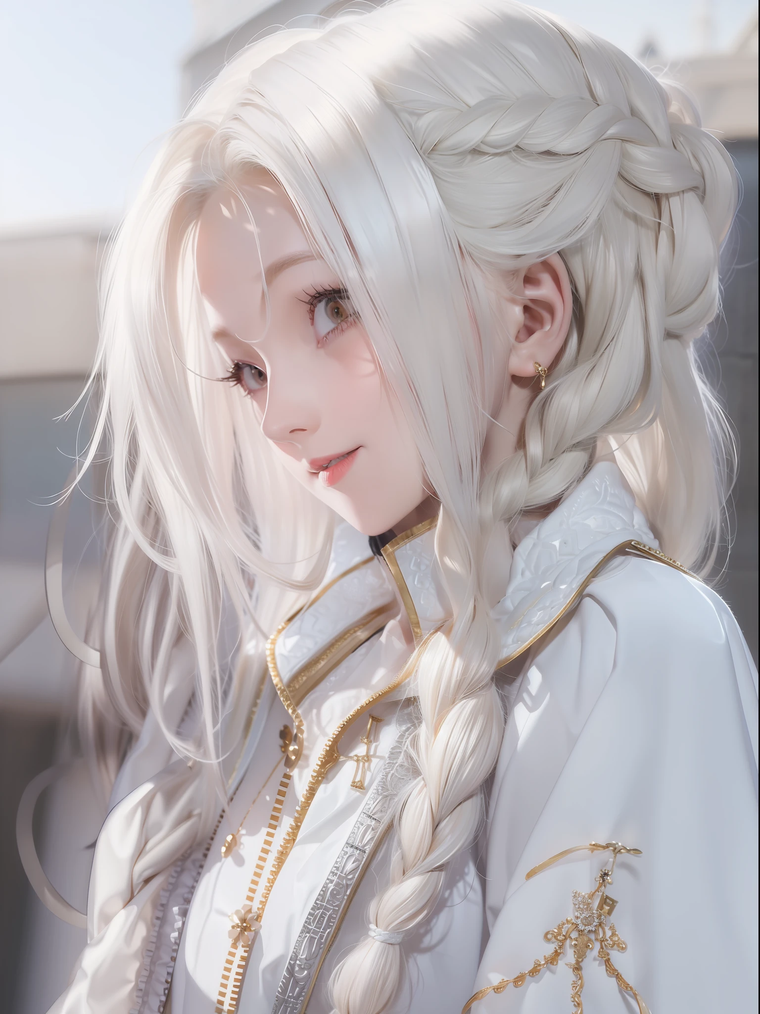 best quality, masterpiece,white hair, gold eyes,white clothes, looking up, upper body,hair strand,Fair skin,side braids
