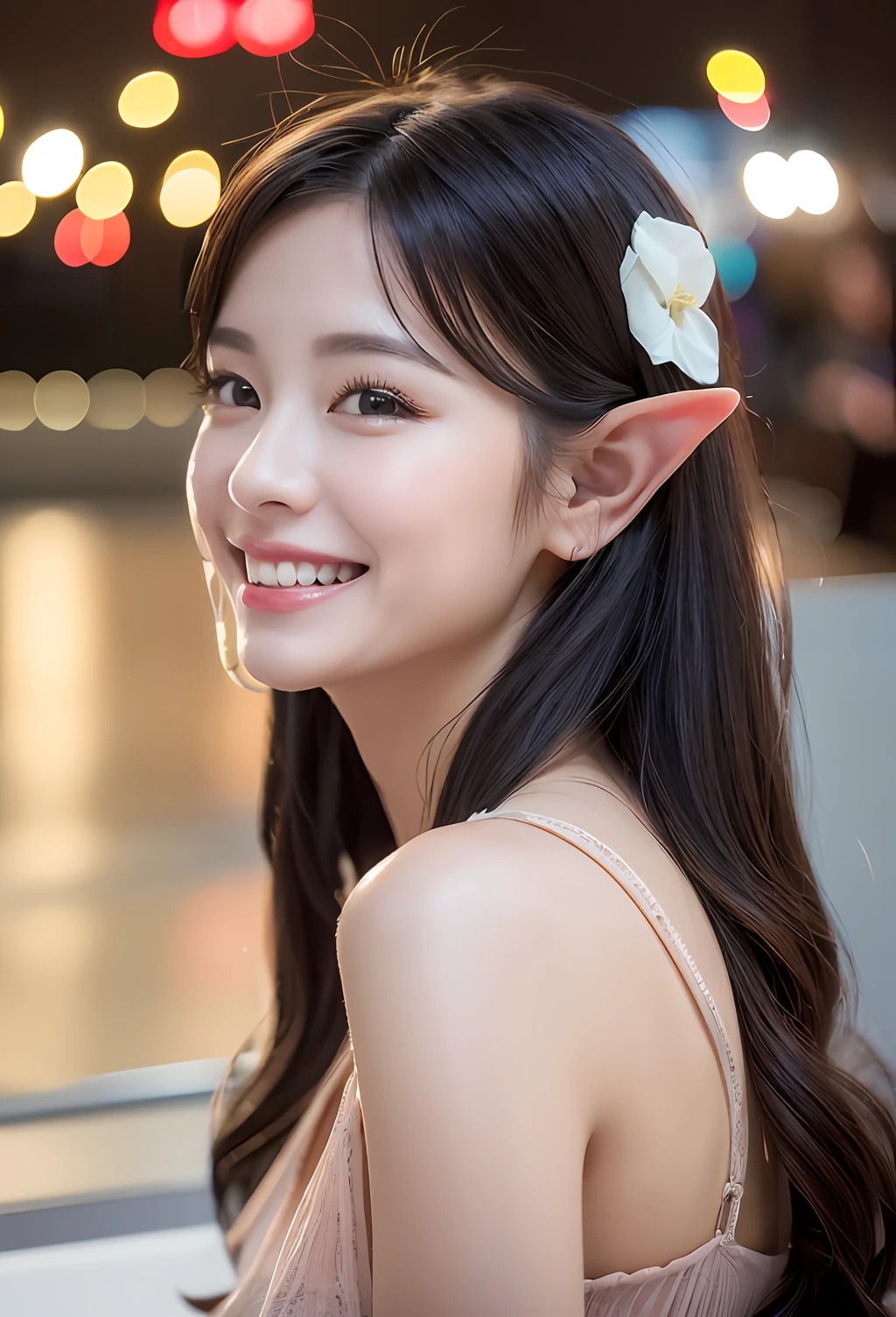 (elf-ears)、(8k、top-quality、masterpiece:1.2)、(realisitic、Photorealsitic:1.37)、ultra-detailliert、Beautuful Women、、 (smile:1.15)、(Keep your mouth shut)small tits、Beautiful fine eyes、Floating Hair NovaFrogStyle、onepiece