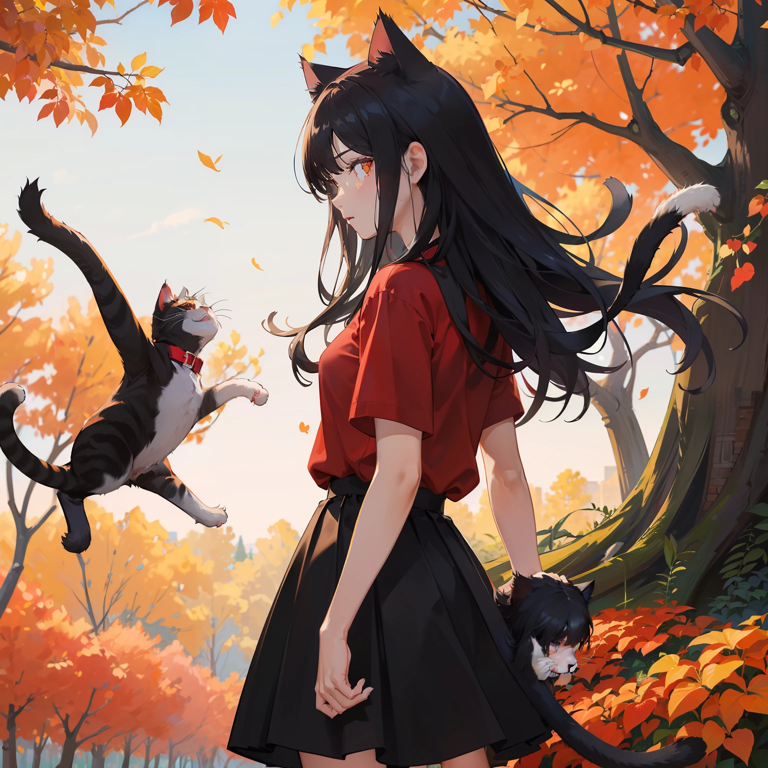 ​masterpiece、hightquality、vivd colour、(((Long Black Hair)))、(((Red Shirt)))、(((a black skirt)))、(((Quarrel with a cat)))、