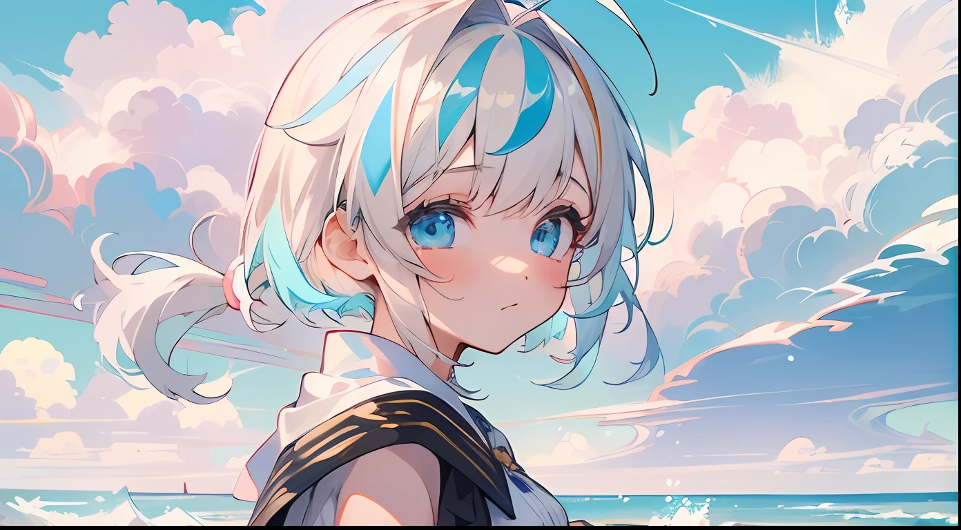 ((4K, masterpiece, absurderes, hight resolution, Best Quality, ultra-detailliert)), 1girl in, white short hair, Two-tone hair, Pony tail, Forehead, bangs pinned back, Ahoge, Light blue eyes, Cute, blush, upward-eyed, Big eyes, tareme, Beach, cumulonimbus clouds,