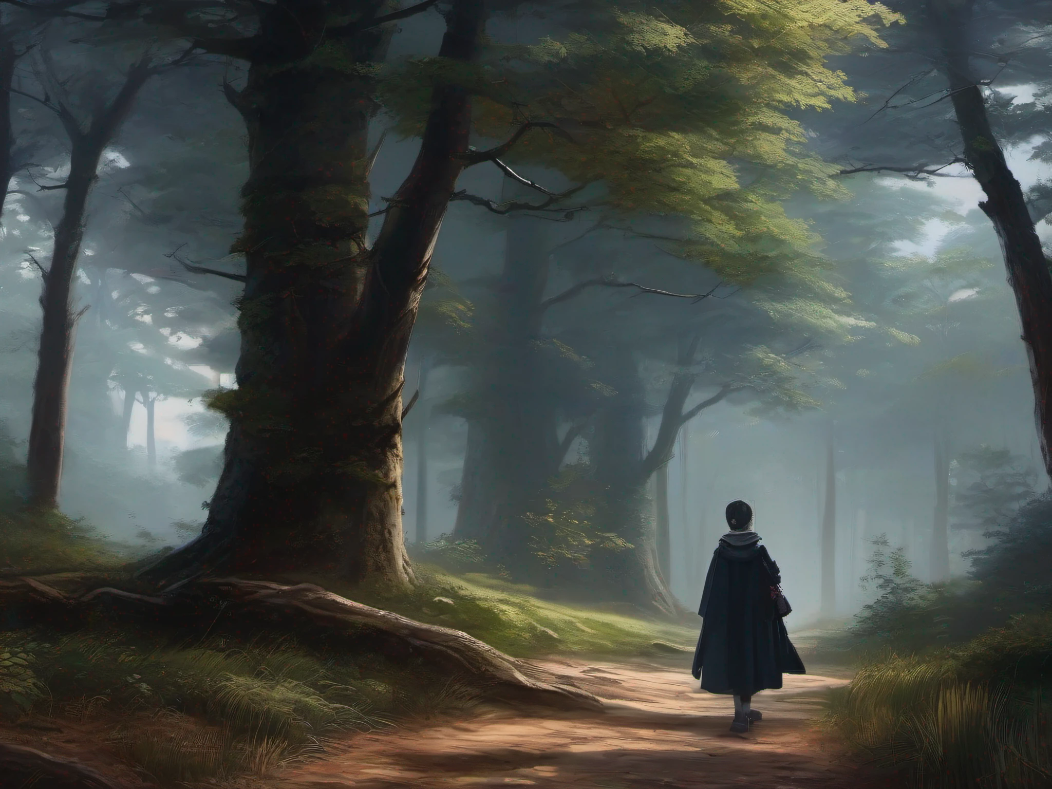 cold shades，Realistic oil painting style。The sky is dark and cloudy，There are many tall and stout trees in the forest，There are some low bushes nearby，There are some dark shadows in the distance that are not very clear。The back of a teenager dressed in medieval Europe，The teenager is in the lower left corner of the screen。