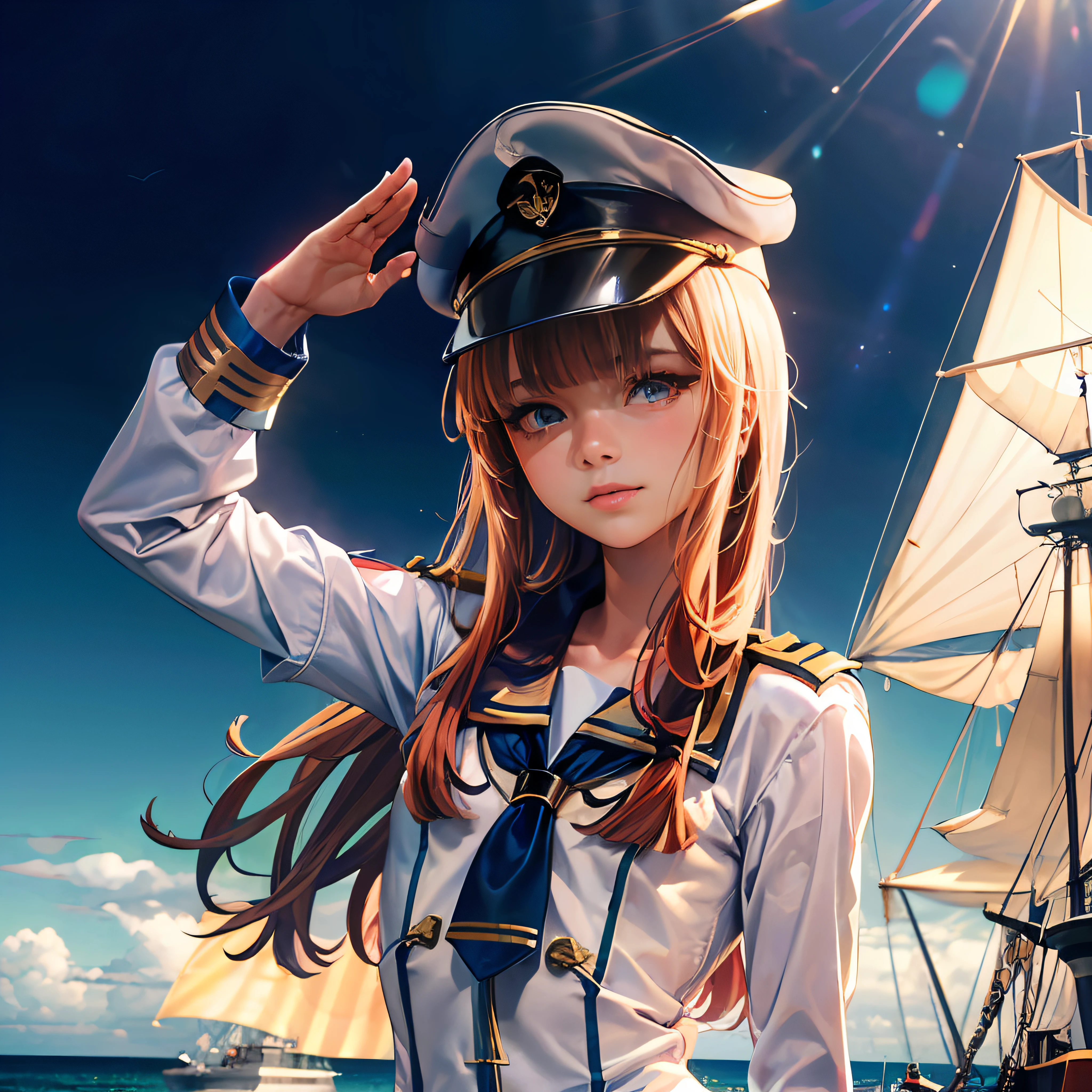 8K, beste-Qualit, tmasterpiece, extra high resolution, (Photorealistic: 1,4), RAW photo, (Authentic skin texture: 1,3), (film grains: 1,3), (Angle from the front), 1 girl, Beautiful detailed eyes and face, tmasterpiece, beste-Qualit, a closeup of a, upper-body, Quiet Suzuka, (Uma Musume), (((The white uniform of the captain of the ship))), (((Captain's cap Ship's white))), (Detailing clothes:1.2), The girl salutes, The hand is applied to the head, ocean, battleship, A girl is standing on a ship, battleship, Clouds, blue skies, ssmile, a girl standing, (little chest:1.5), horse ears.