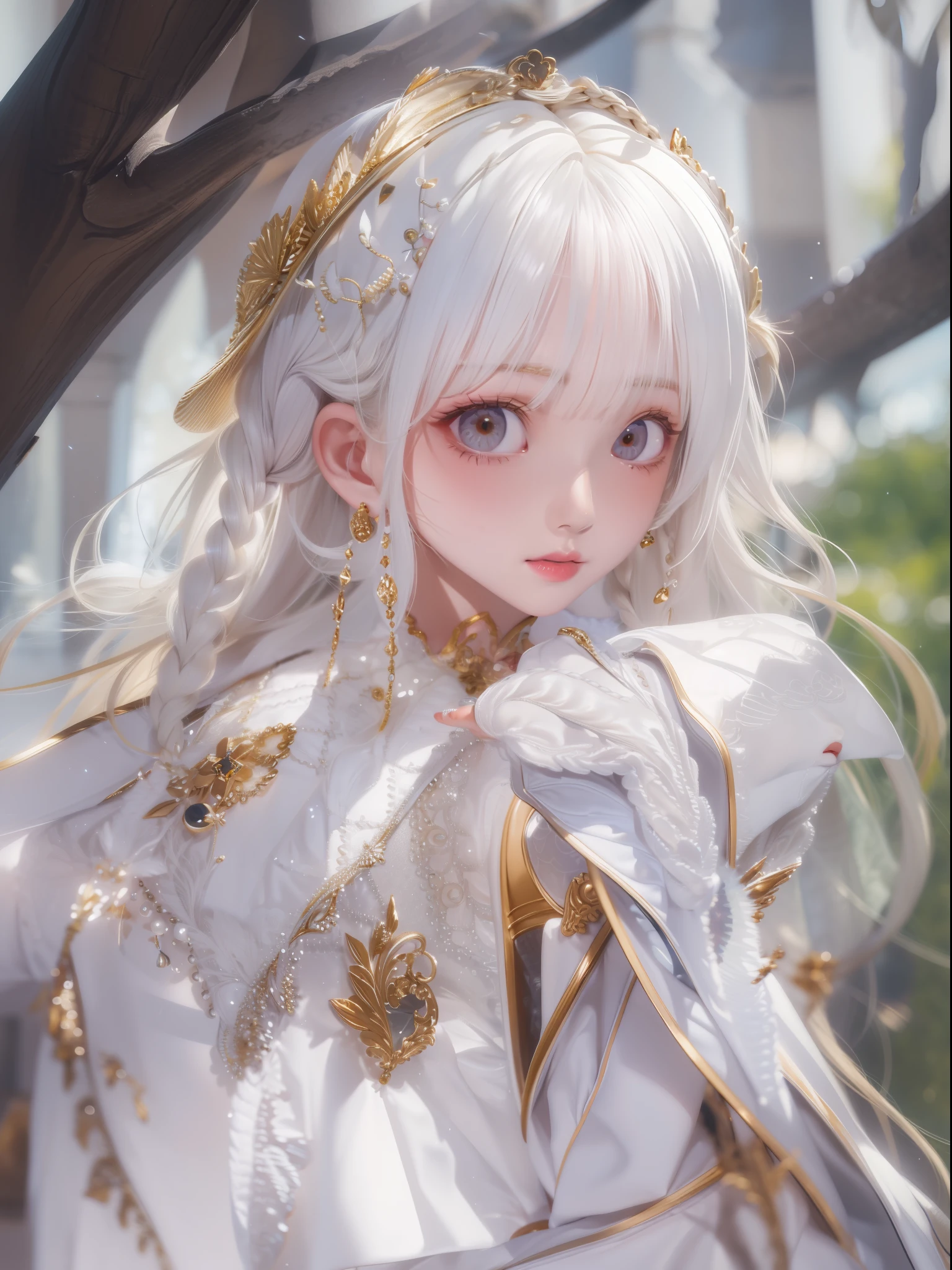 best quality, masterpiece,white hair, gold eyes,white clothes, looking up, upper body,hair strand,Fair skin,side braids