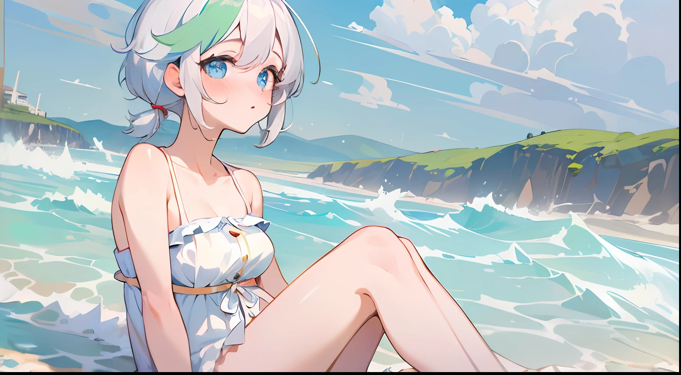 ((4K, masterpiece, absurderes, hight resolution, Best Quality, ultra-detailliert)), 1girl in, white short hair, Two-tone hair, Pony tail, Forehead, bangs pinned back, Ahoge, Light blue eyes, Cute, blush, upward-eyed, Big eyes, tareme, Beach, cumulonimbus clouds,