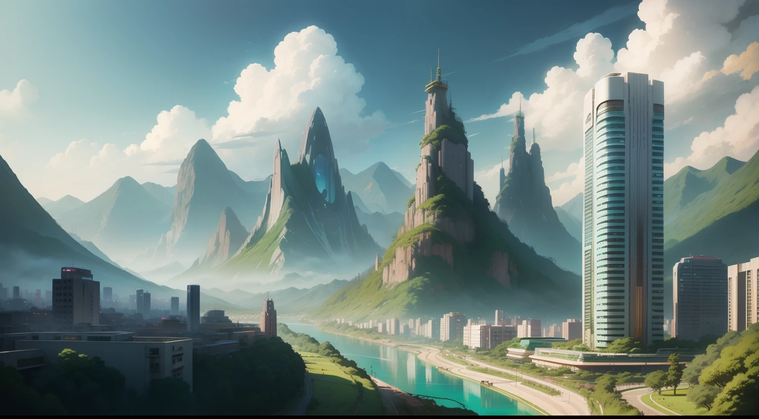 Futuristic city with river and lush vegetation, mountains in the background, cloudy afternoon, anime style studio ghibli