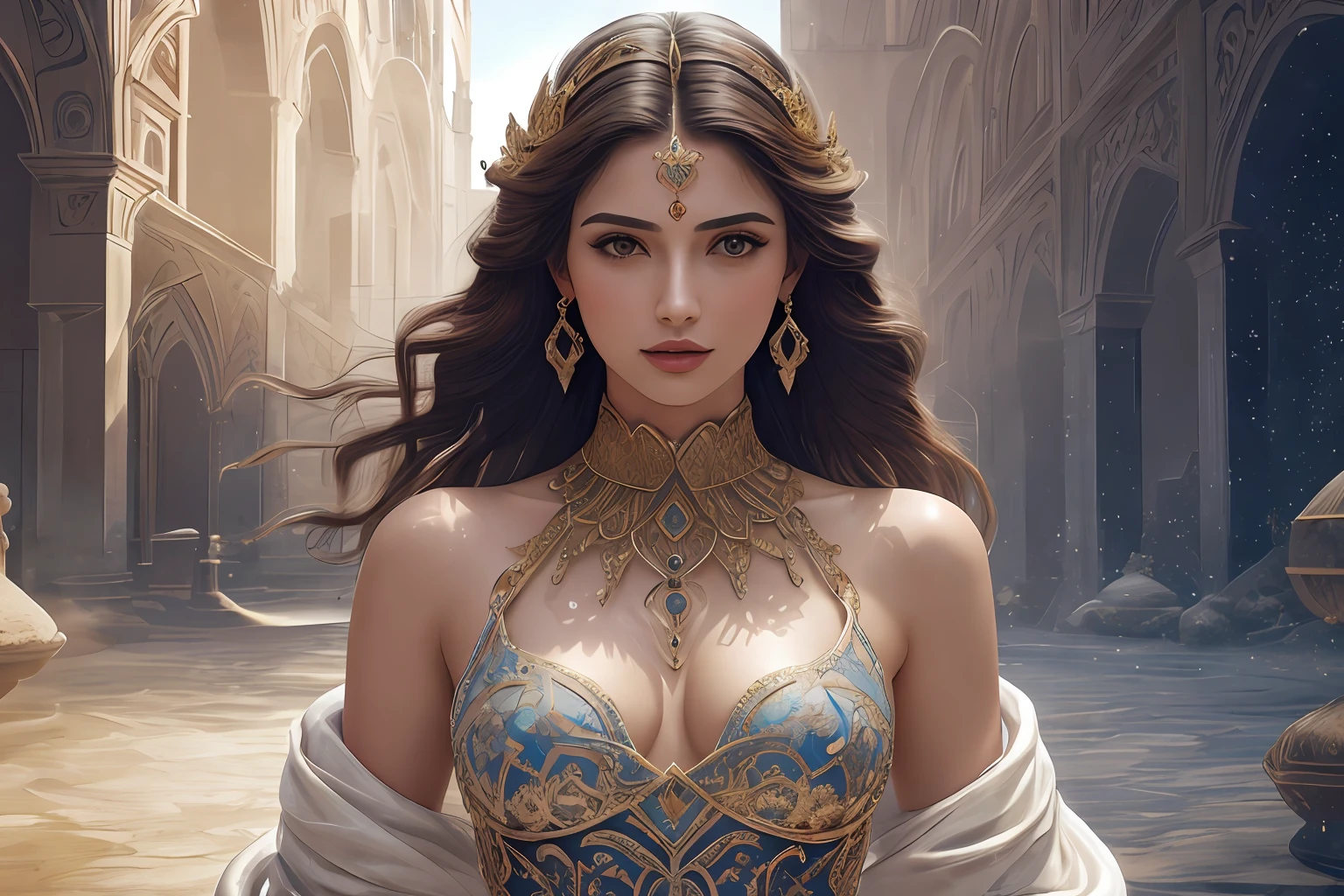 (full shot, corpo inteiro), 1girl, mulher in night Farm , (solo, meio tiro, olhando para baixo, fundo detalhado, rosto detalhado, (1001ArabianNights tema:1.1) Sultan of the Middle East Desert, blue arabic clothes, capa de seda, cocar real, geometric motifs dynamic pose, stoic expression, cultura persa, sparkling water on the bottom, sol, atmosfera de fantasia,) BREAK ((fotorrealista), rosto realista, middlebreasts), mulher lindamente detalhada, boca detalhada, eyes_and_face extremamente detalhada, belo rosto atraente, belos olhos detalhados, pronounced female feature, sombra fosca, Cilia, delineador, corpo perfeito, pele lisa BREAK cor HD foto, baixo contraste, (corpo inteiro, foto de alta qualidade, obra-prima), HDR, 8K分辨率, analog RAW DSLR, melhor qualidade, absurdres, cores vibrantes, detalhes intrincados, (face_and_eyes intrincadamente detalhado), realistic hands, detalhes sofisticados, (lifelike lighting, foco nítido), dobra central, bokeh, arte oficial, papel de parede 8k, ultra alta res, fotografia profissional, (fotorrealista) kkw-ph1