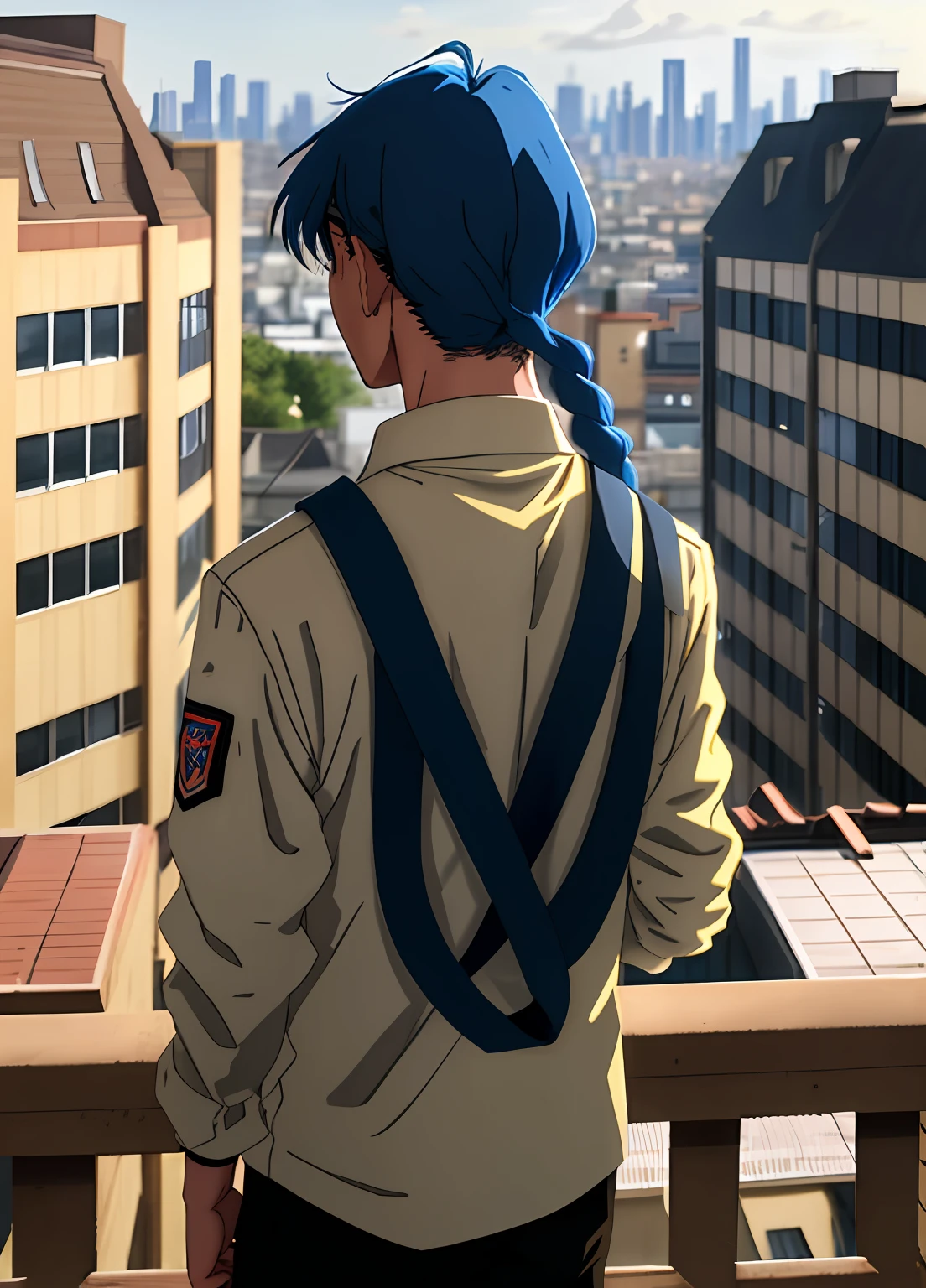A 15-year-old boy with long, straight blue hair stands on the fifth floor on the roof of the high school looking at a city in the distance........... Plan from behind