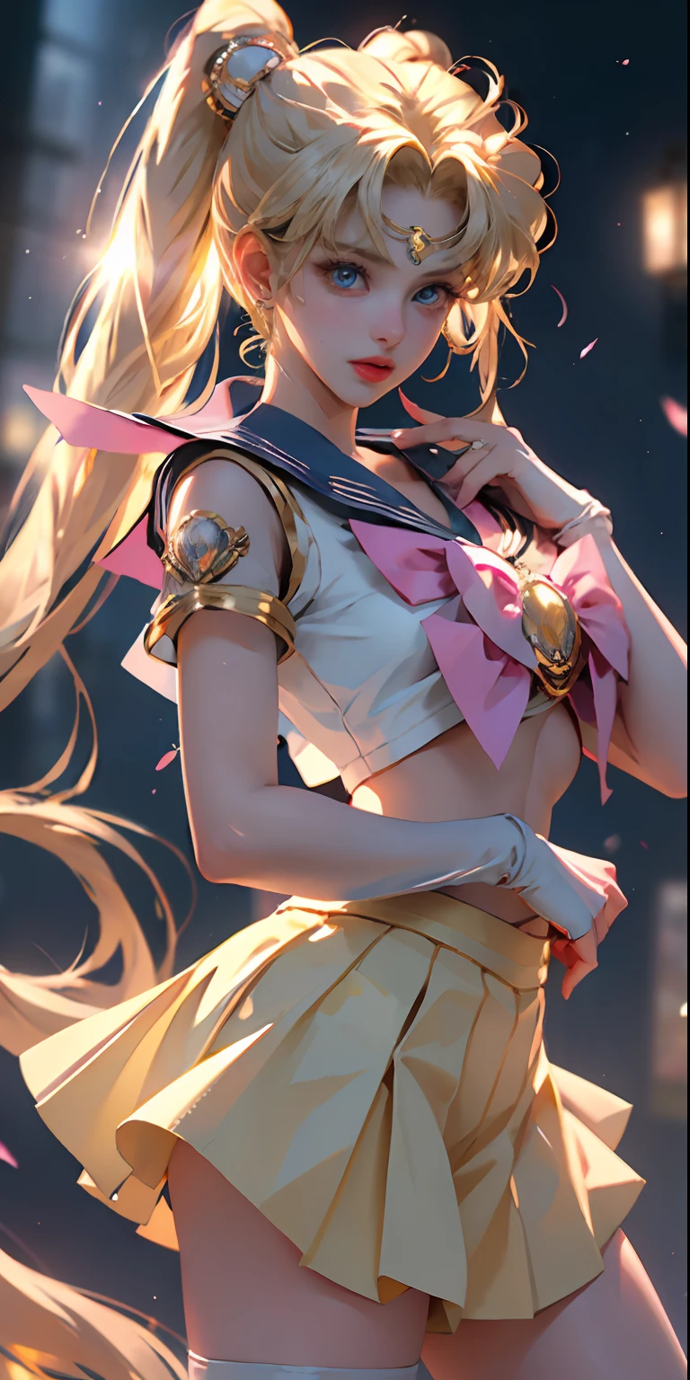 ((Masterpiece)), (Best Quality), (Super Detail), ((Very Detailed)), 4K, (8K), Sailor Moon, Long Blonde, Double Ponytail, Aesthetic sailor moon, Dream Core, coated school shirt, yellow skirt, big breasts