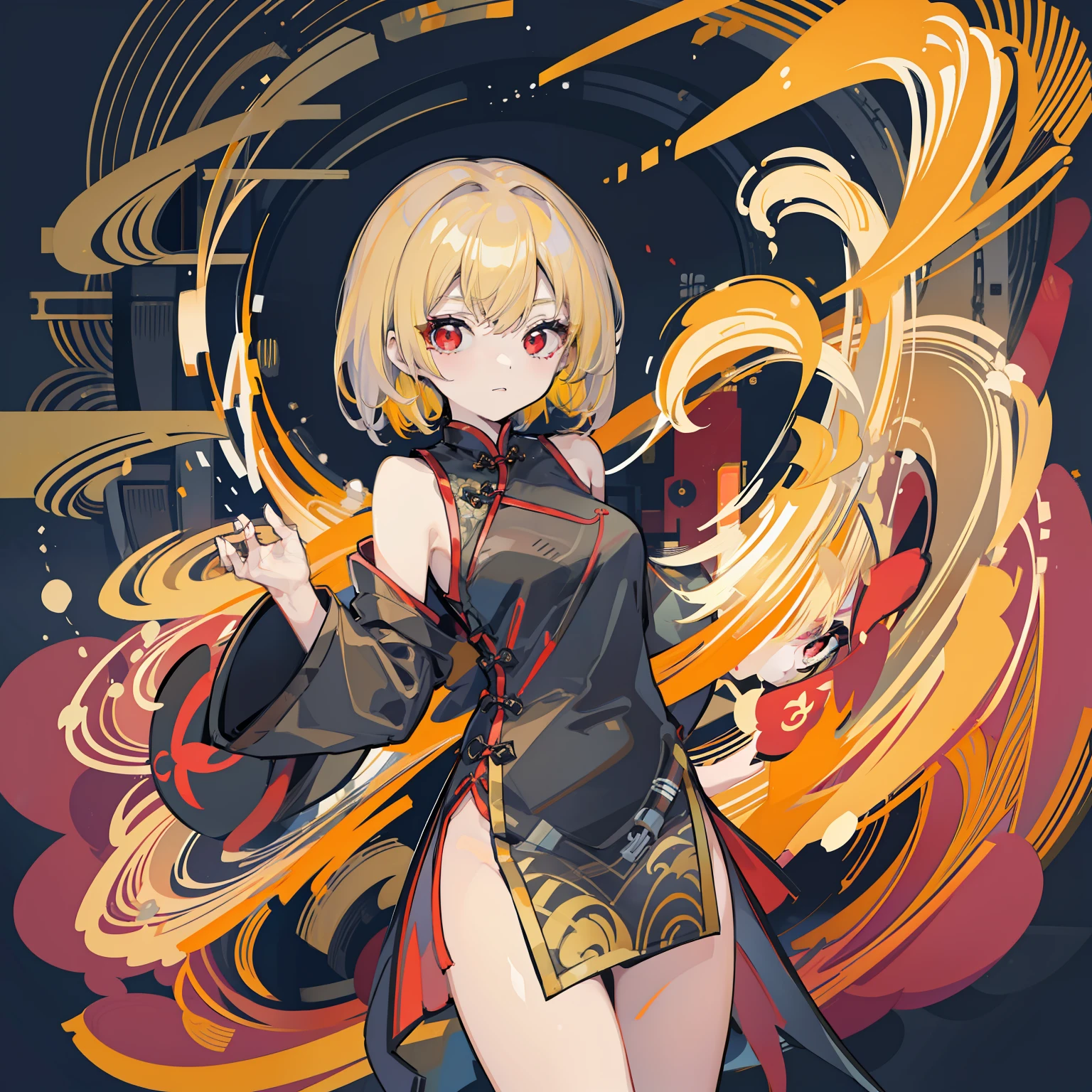 Young woman cheongsam illustration, masutepiece, Fine details, 4K, 8K, 12K, Solo, 1 person, Beautiful Girl, caucasian female, , Lumia, red eyes、Yellow hair, Short hair, Black cheongsam、Slit in clothes