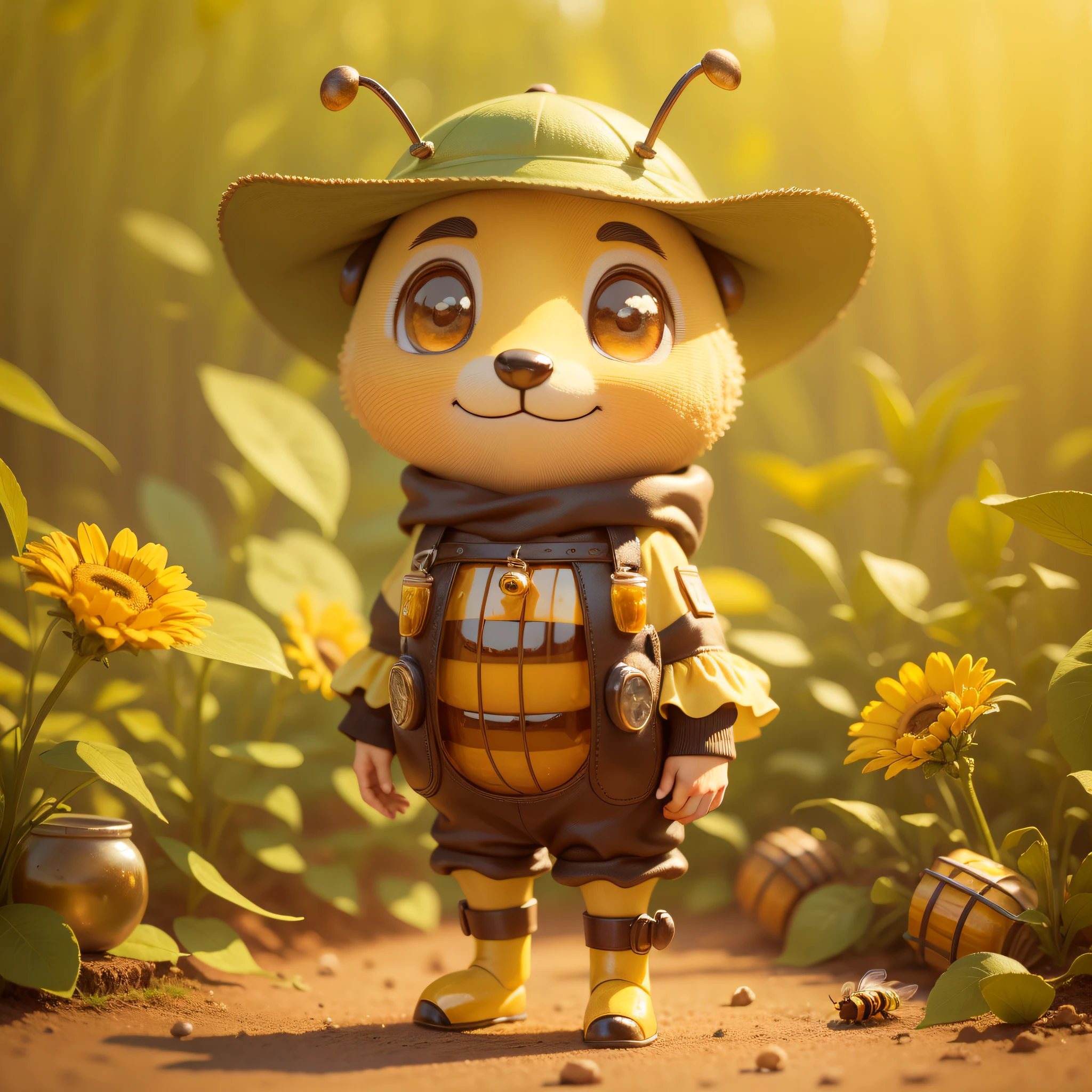 The little bee also has a jar of honey in her hands, bee smiling, keep all the original features of the image and include honey pots on the ground next to the bee
