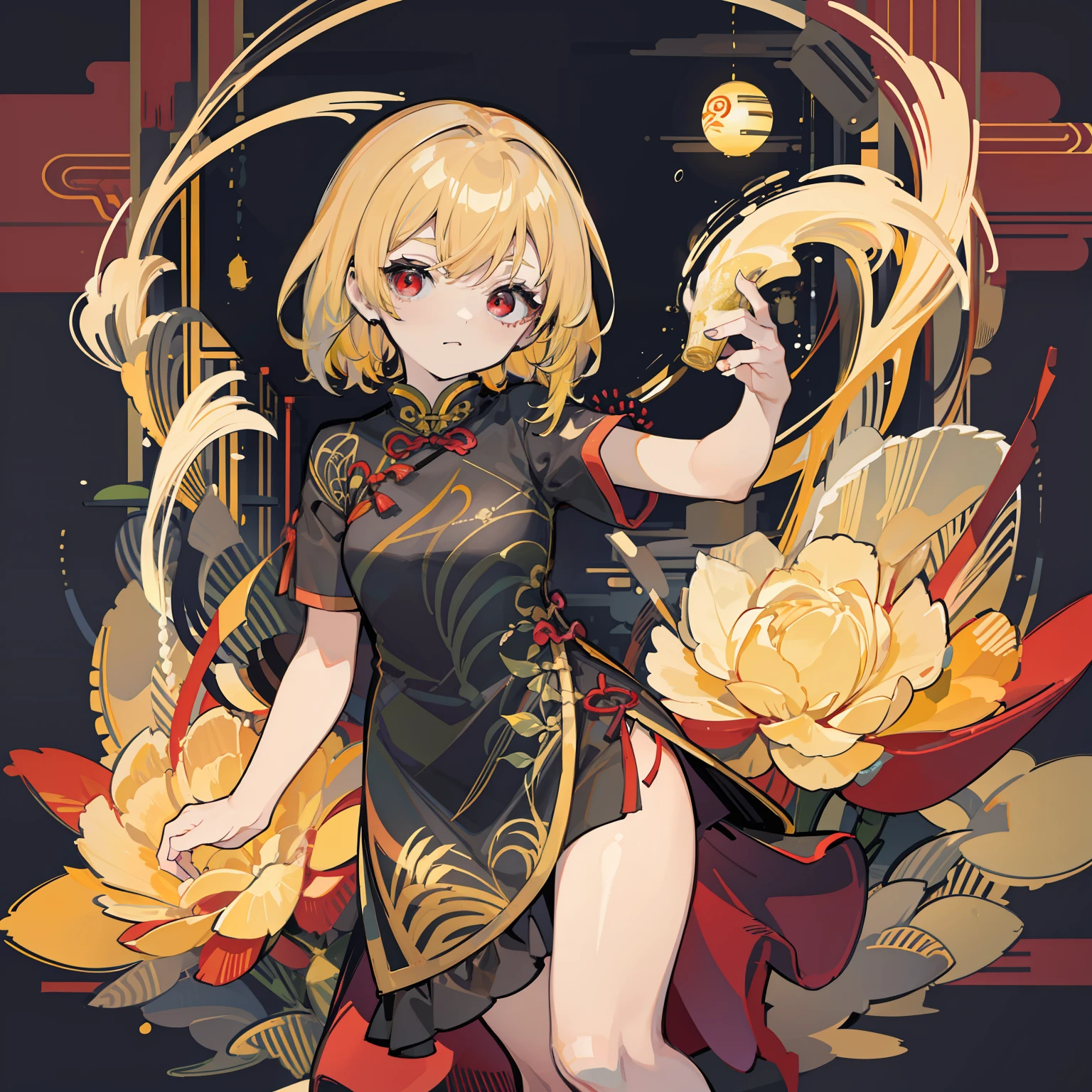 Young woman cheongsam illustration, masutepiece, Fine details, 4K, 8K, 12K, Solo, 1 person, Beautiful Girl, caucasian female, 8 years old, Lumia, red eyes、Yellow hair, Short hair, Black cheongsam、Slit in clothes