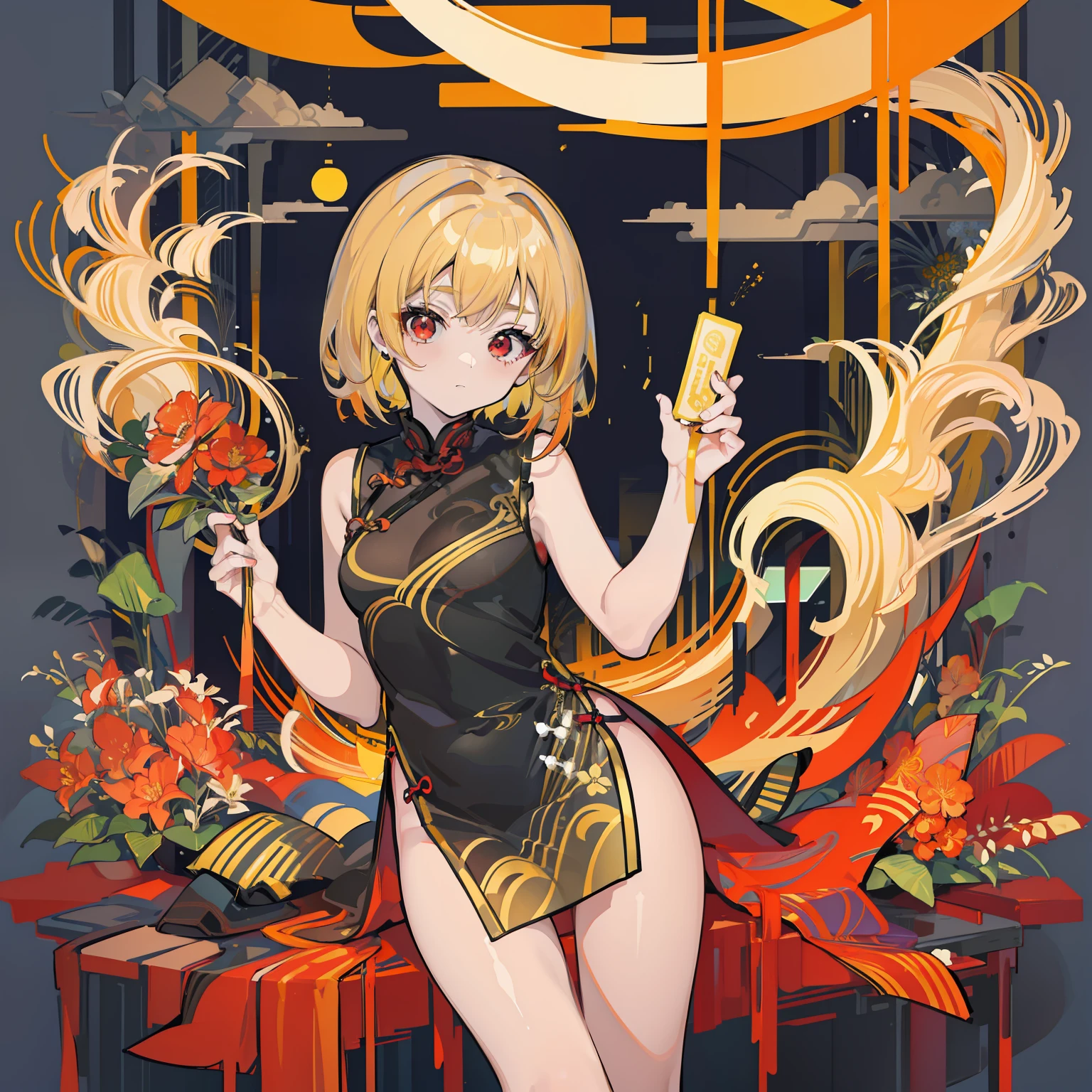 Young woman cheongsam illustration, masutepiece, Fine details, 4K, 8K, 12K, Solo, 1 person, Beautiful Girl, caucasian female, 8 years old, Lumia, red eyes、Yellow hair, Short hair, Black cheongsam、Slit in clothes