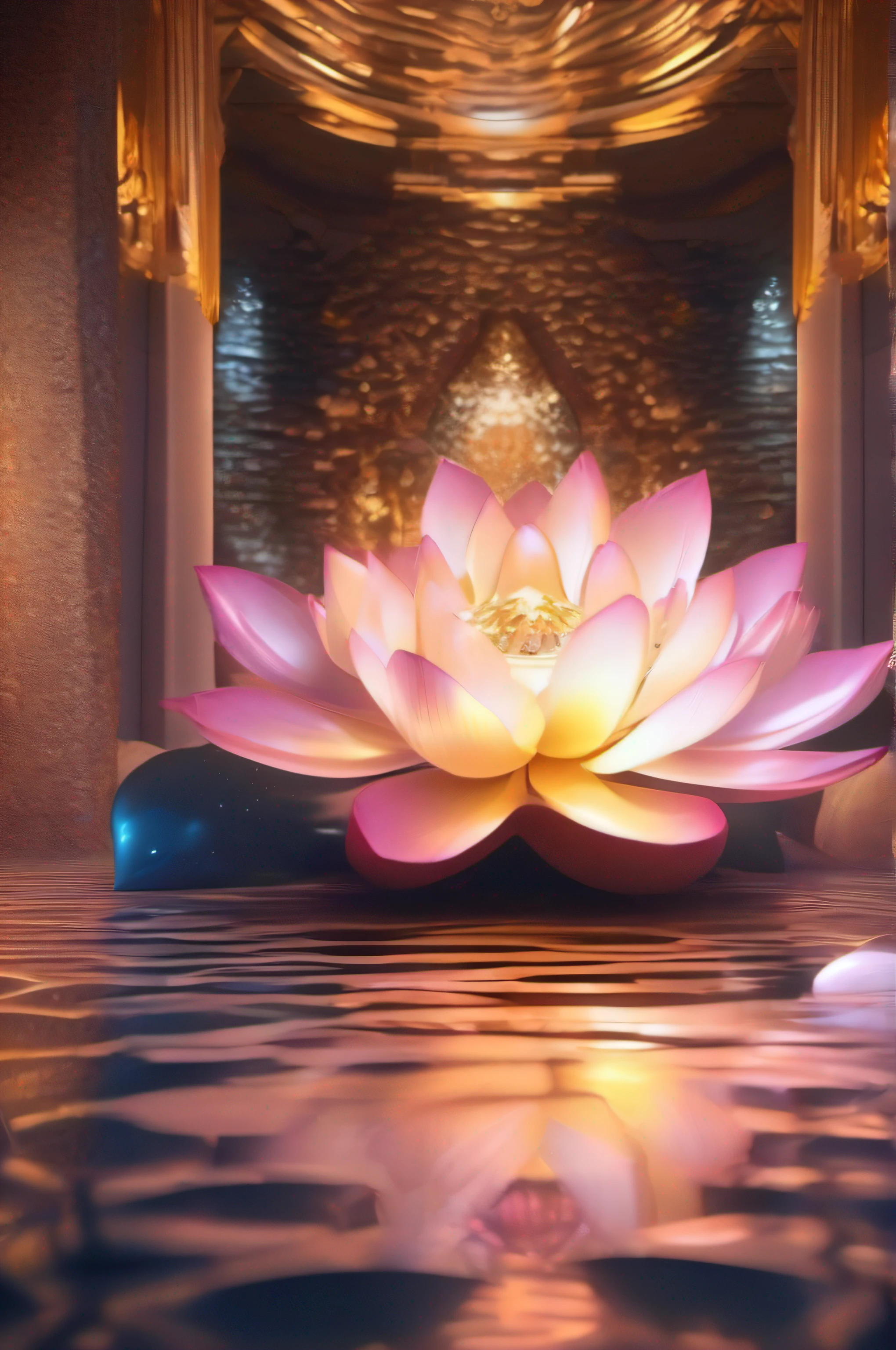 (8k wallpaper, .primitive, Photorealistic:1.25) ,( glossy side,, Best quality, Ultra-high resolution, Depth of field, color difference, Caustics, Special light) ,Iridescent color style,(dreamy and romantic compositions:1.5)，Bright style，Crystal clear stone，Lotus-shaped stone，sandbeach，with light glowing，Golden light,