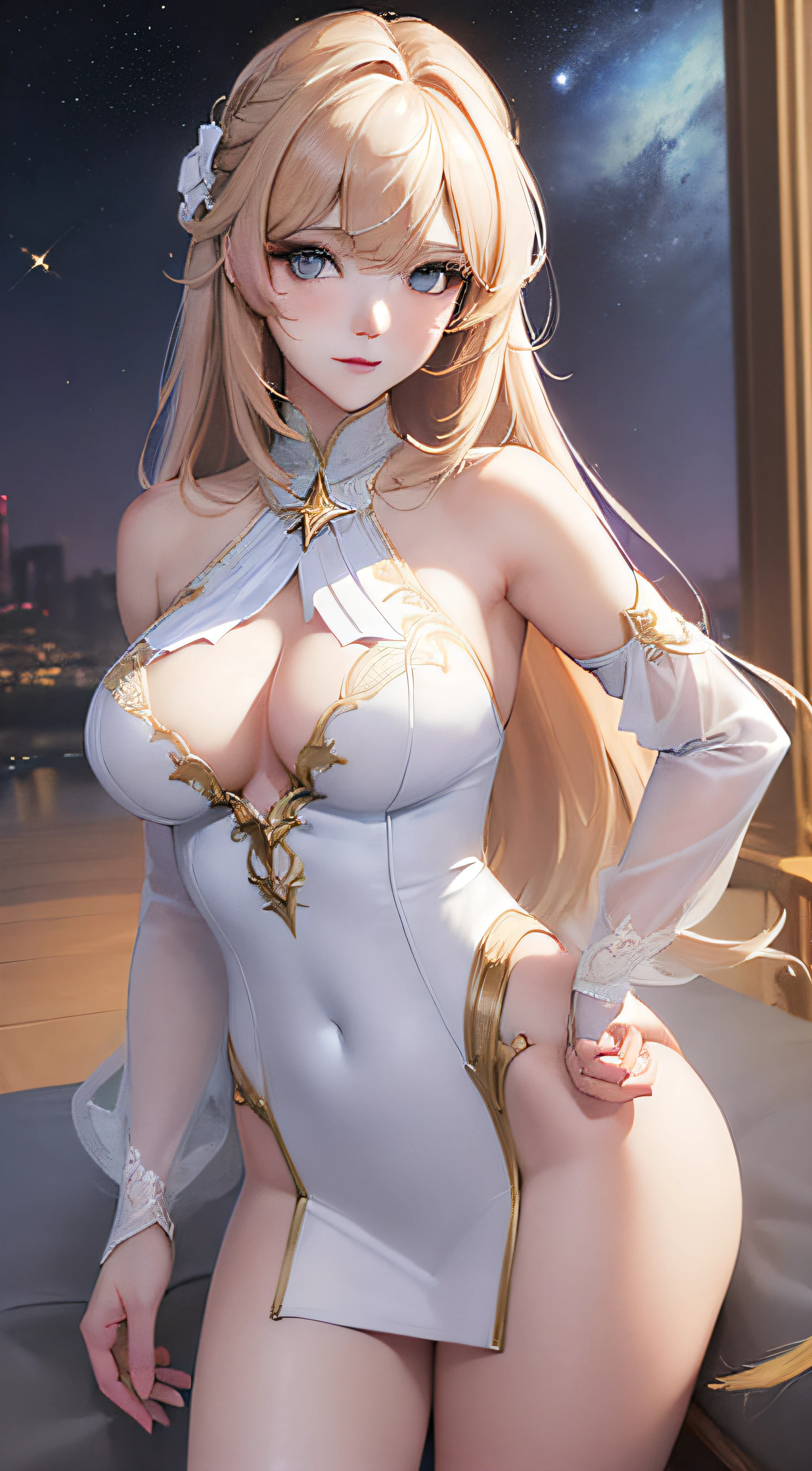 (photorealistic:1.4), (masterpiece, side dim light, finely detailed beautiful eyes: 1.2), masterpiece*portrait, realistic, 3d face, Stelle \(honkai star rail\), 1girl, white oversize T-shirt, bare shoulder, universe, rail, bangs, blush, shy, lustful eyes, medium long hair, looking at viewer, gasp, medium breasts