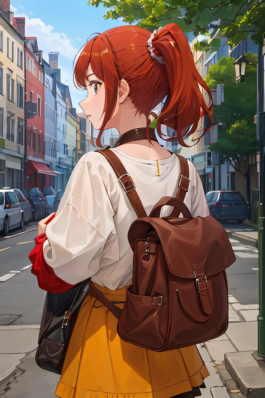 girl with\, poneyTail, brown-eyed, [doress:jaket:25]Big wearing, a park, ​masterpiece, detaileds, More lines, best qualtiy, (Back to viewers), Wear a bag on your back, Watch your audience